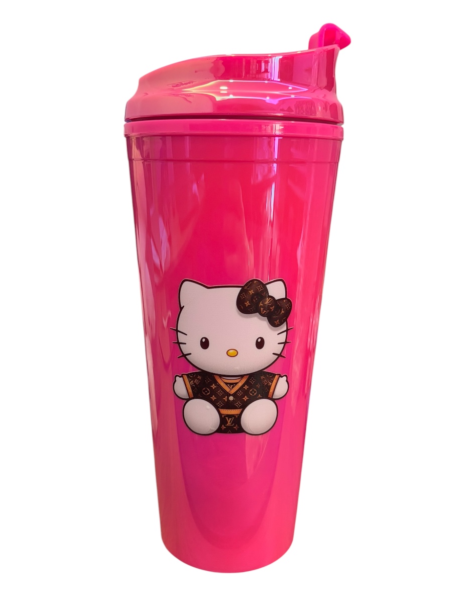 Termo De Acrílico Con Gliter Color Fucsia Hello Kitty, Mide 23 Cm De Alto Por 10 Cm De Ancho De 710 Mililitros