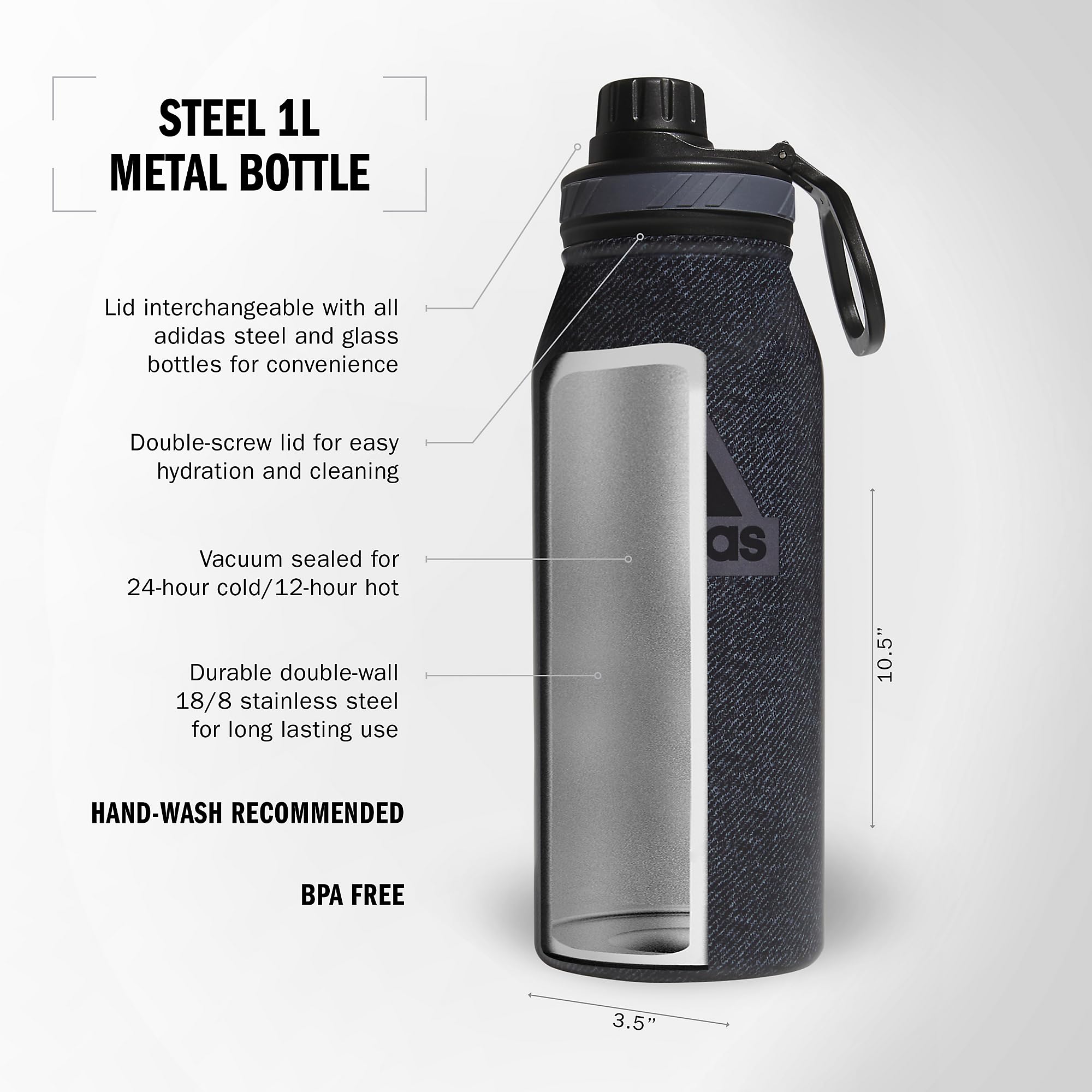 Foto 2 | Botella De Agua Adidas Metal, 1 Litro, Aislante De Frío Y Calor, Acero Inoxidable - Venta Internacional.