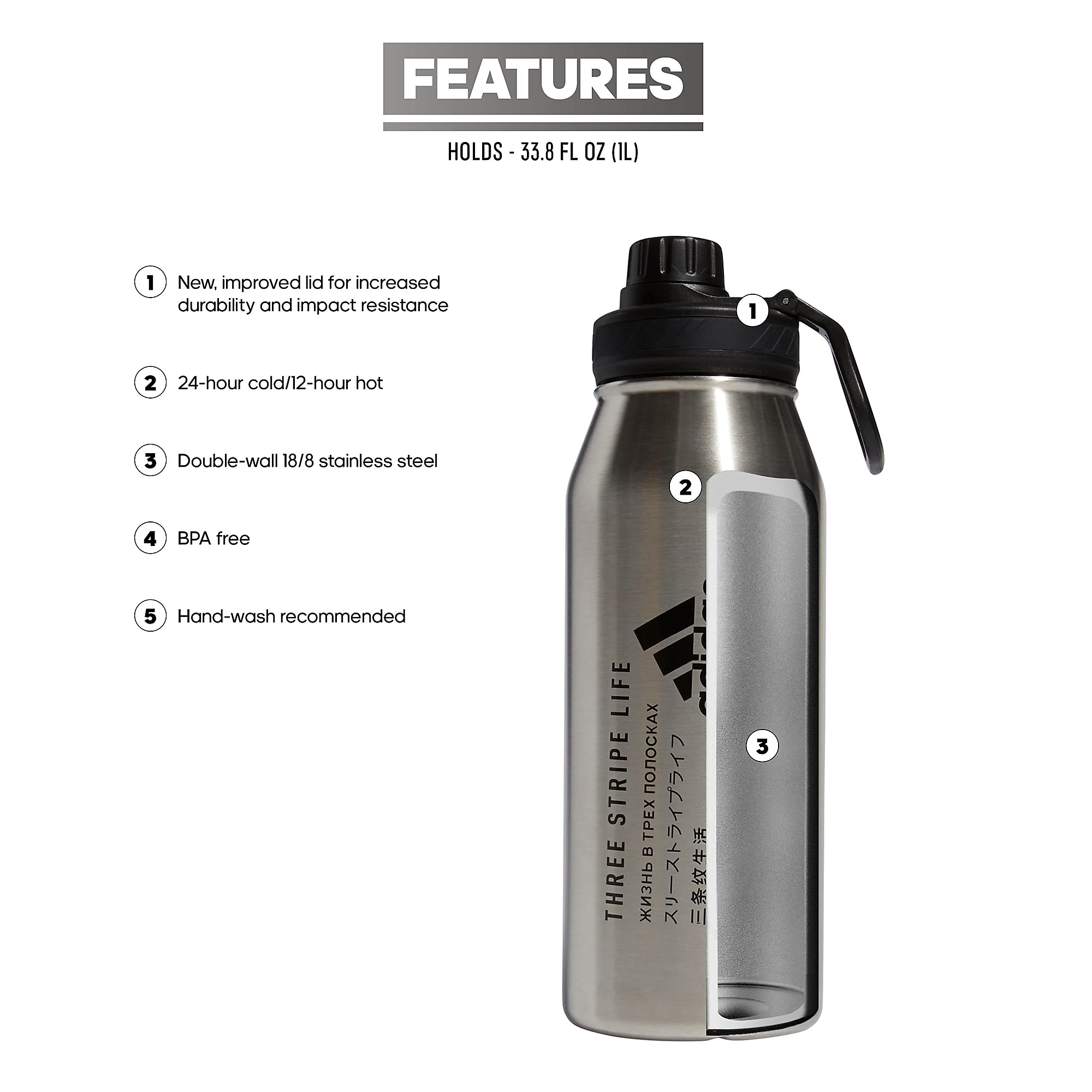 Foto 3 pulgar | Botella De Agua Adidas Metal 1l De Acero Inoxidable Unisex - Venta Internacional.