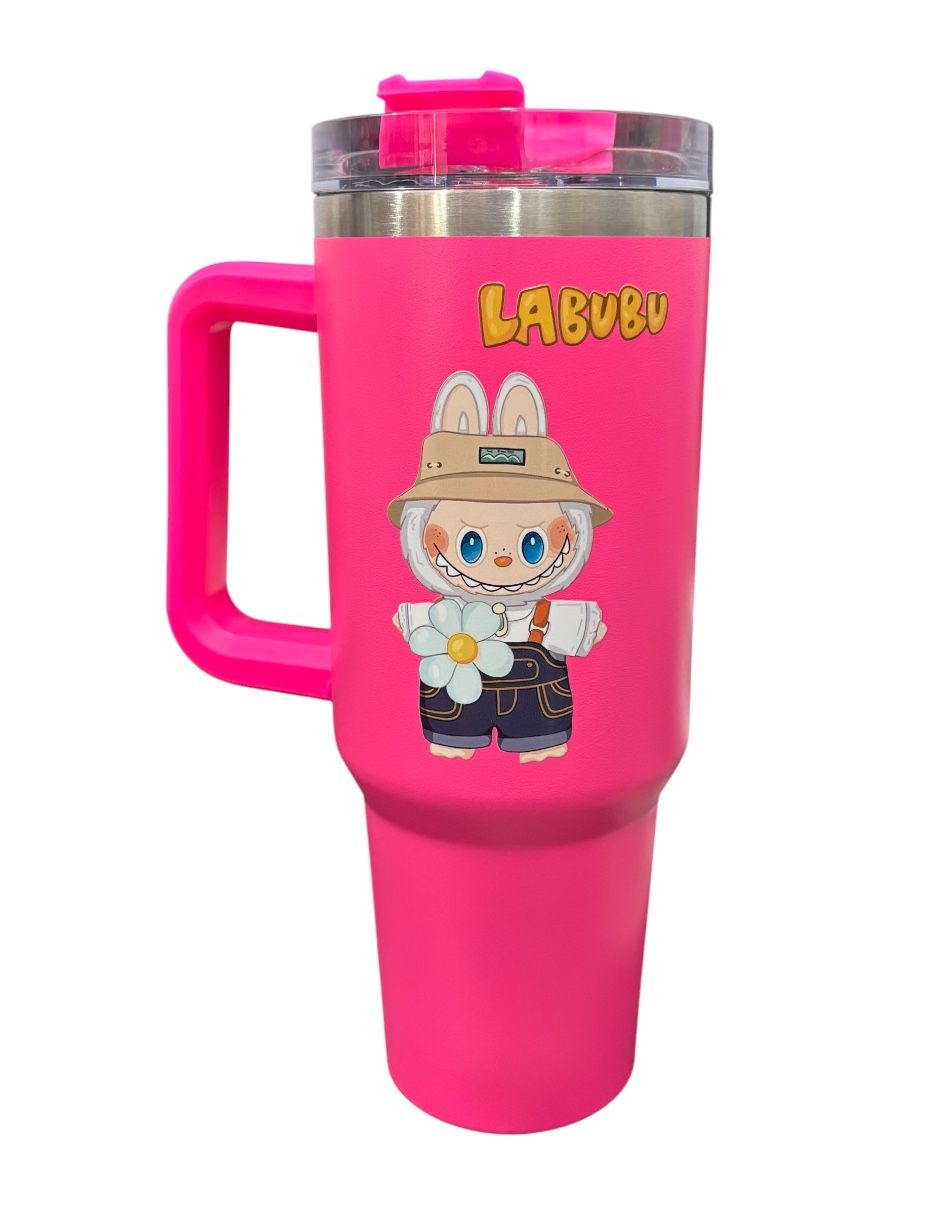 Termo De Acero Inoxidable Marca Macarena Brand Color Fucsia Labubu De 40 Oz