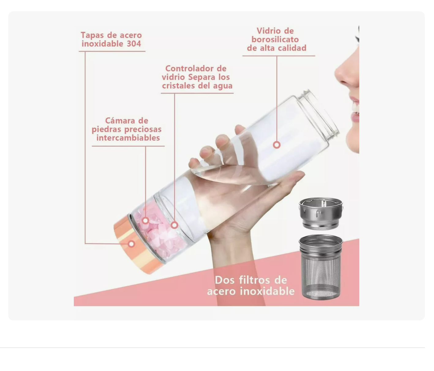 Foto 4 pulgar | Botella Agua Infusor Te Cristal Energético Cuarzo Botella Rosa Xtellar