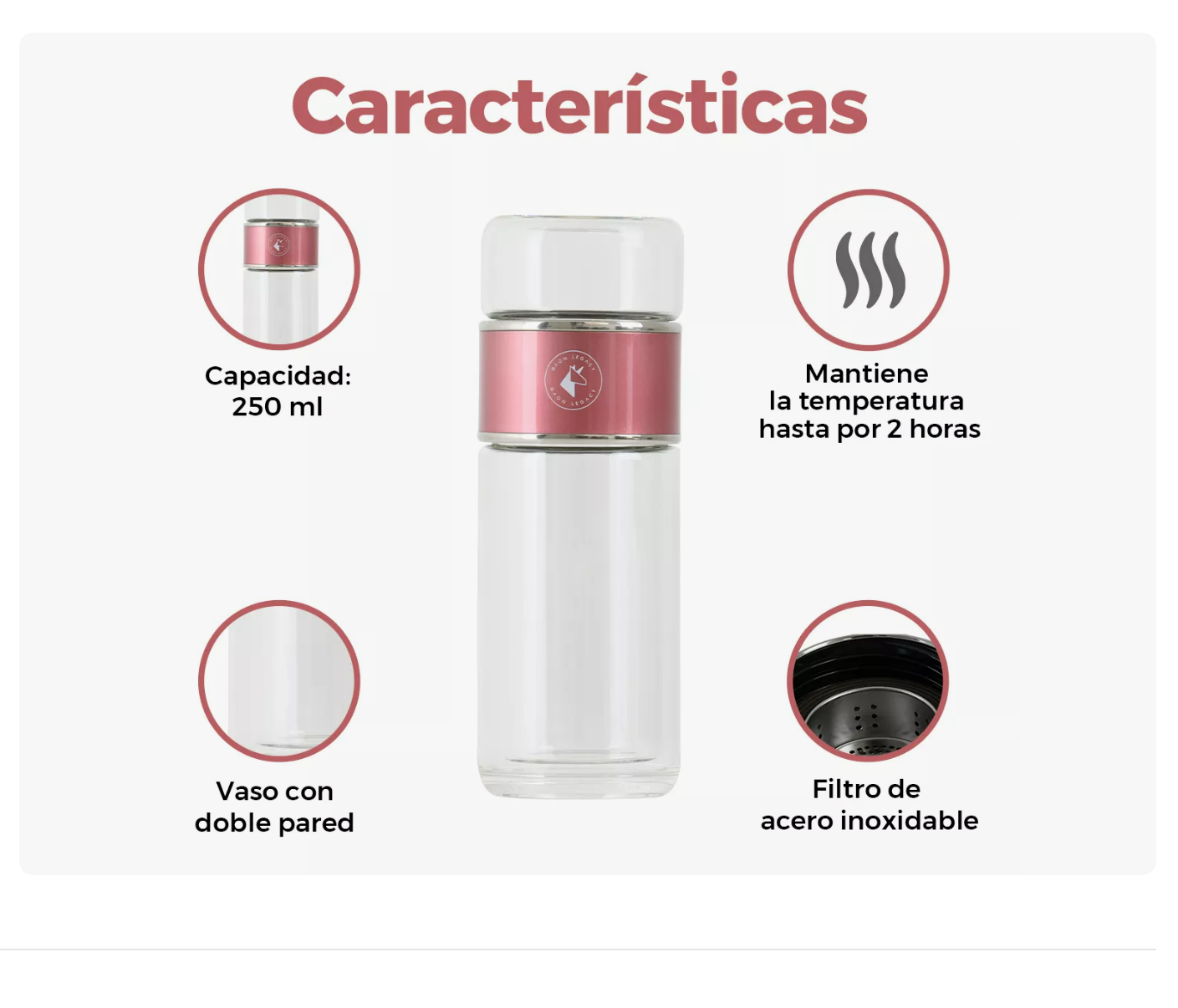 Foto 4 pulgar | Termo Infusor De Té De Vidrio Botella Doble Pared Portátil Oro Rosa