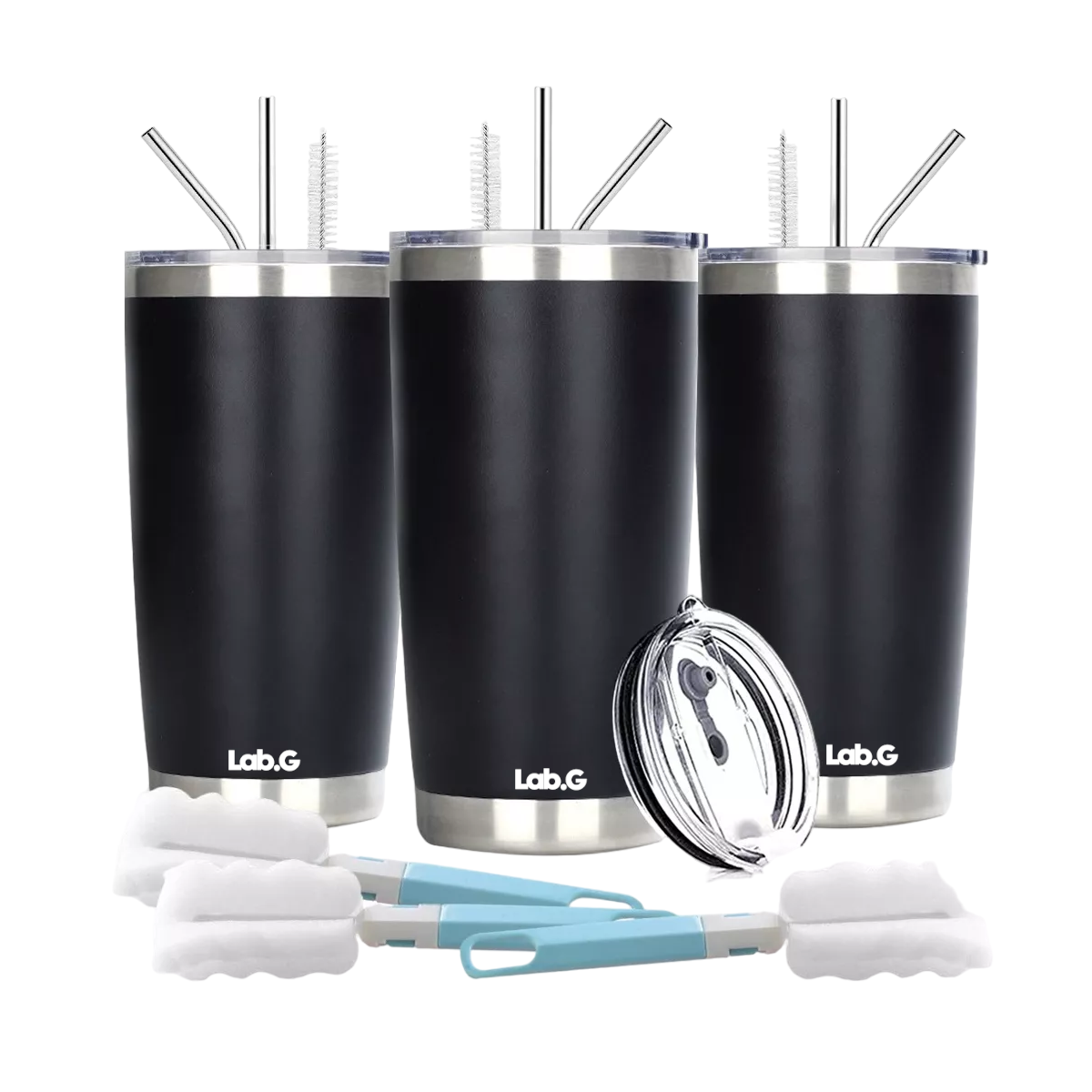Vaso Térmico 20oz Lab.g Acero Inoxidable Popote Y Cepillo 3pack Negros