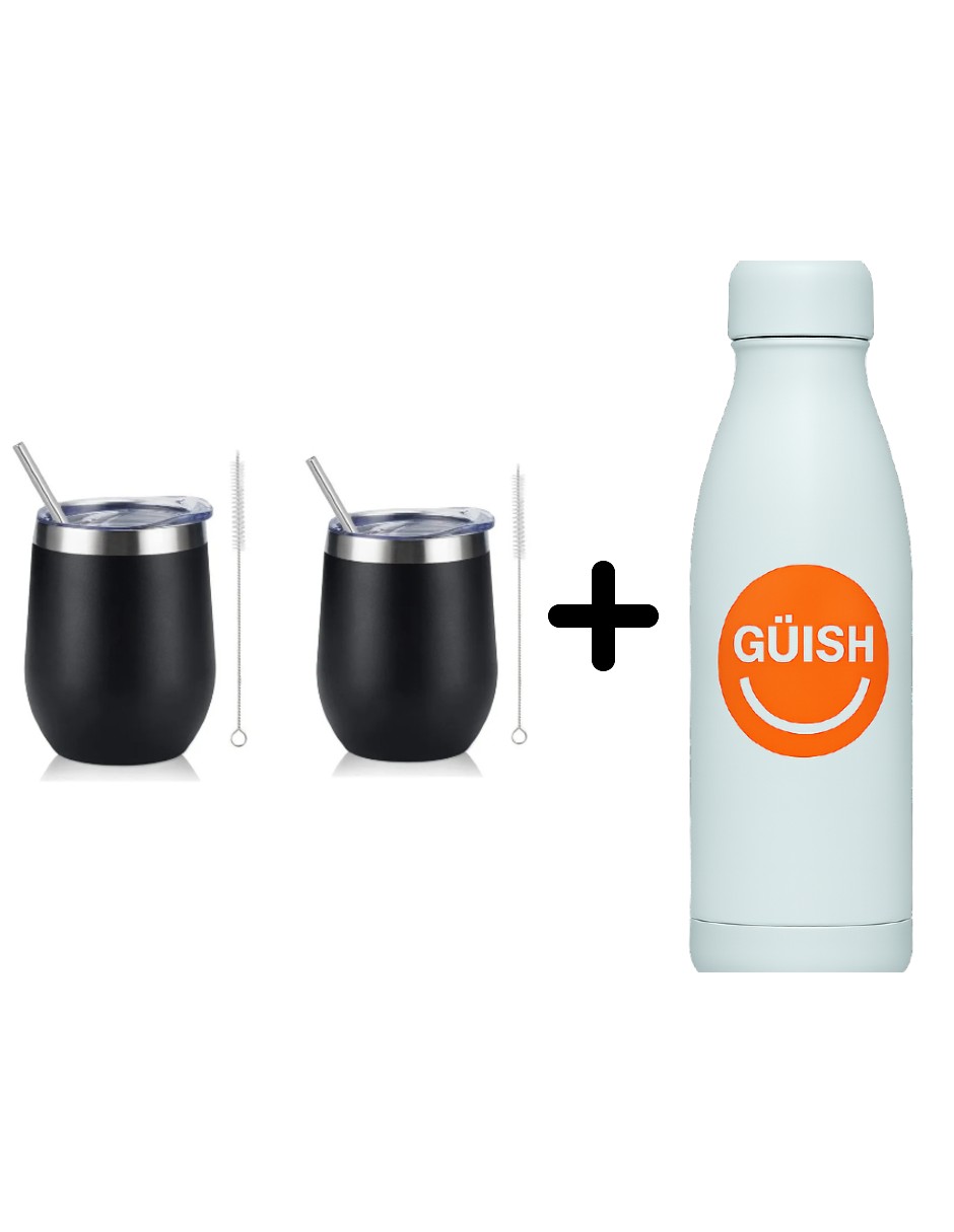 Vaso Térmo De Acero Inoxidable Negro + Termo Güish Grats