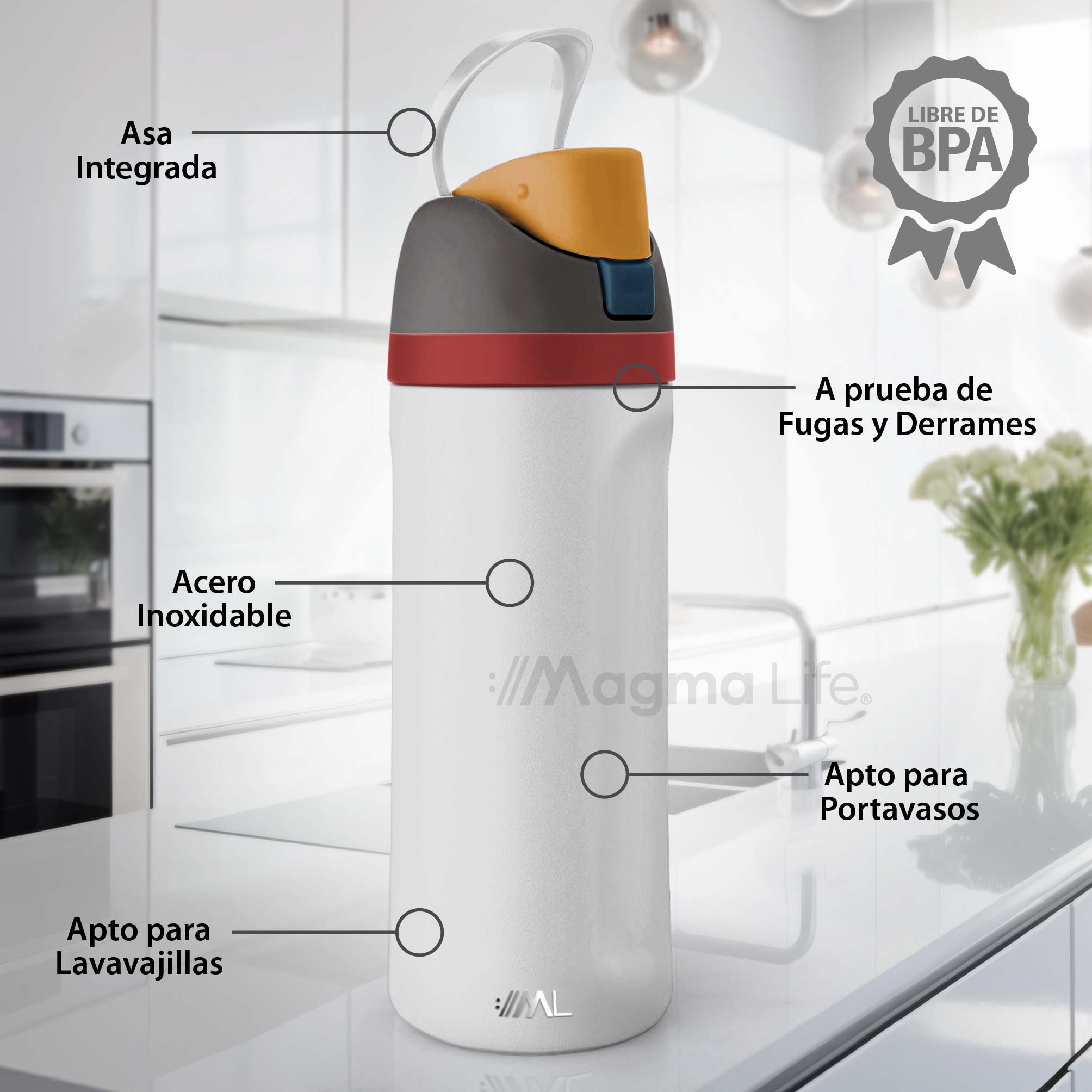 Foto 2 | Magma Life Termo Acero Inoxidable 710ml(24oz), Material Seguro Y Resistente, Tapa Con Botón Y Cerradura, Asa Integrada