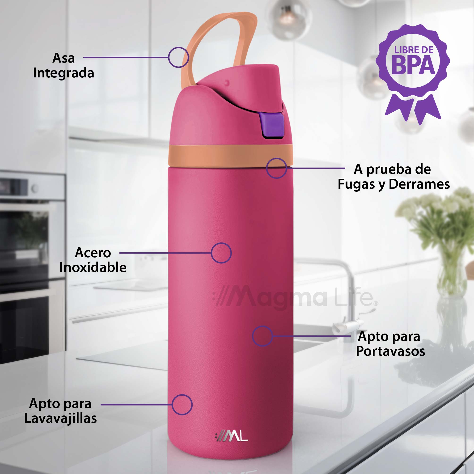 Foto 3 pulgar | Magma Life Termo Acero Inoxidable 946ml(32oz), Material Seguro Y Resistente, Tapa Con Botón Y Cerradura, Asa Integrada