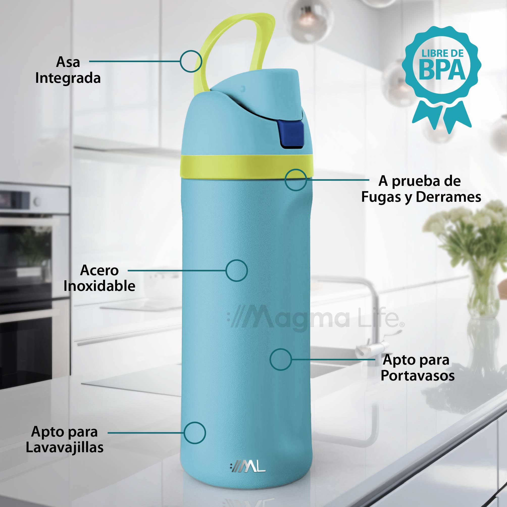 Foto 2 | Magma Life Termo Acero Inoxidable 710ml(24oz), Material Seguro Y Resistente, Tapa Con Botón Y Cerradura, Asa Integrada