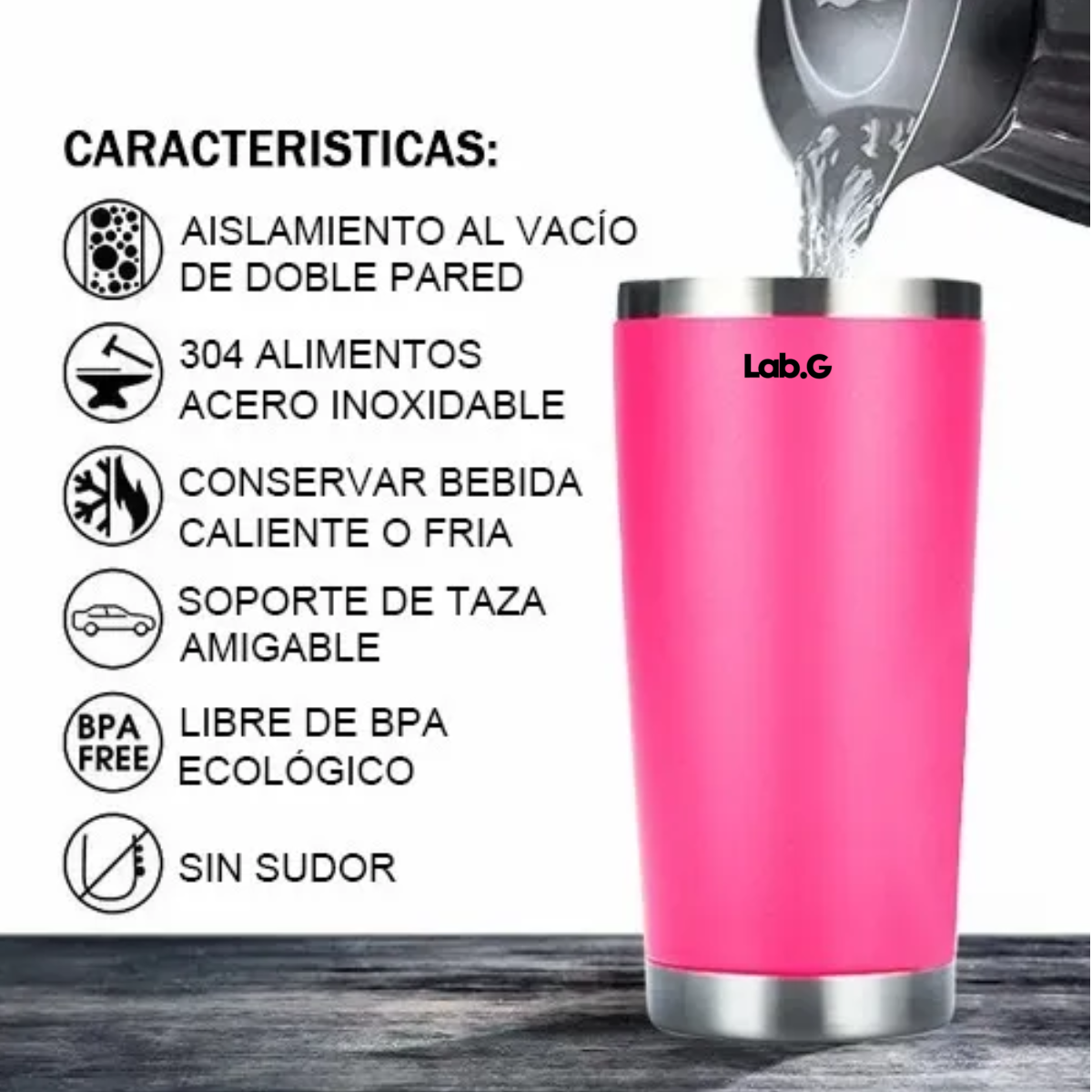 Foto 3 pulgar | Termo Portátil De Acero Inoxidable Con Calor Y Frío De 20oz Lab.g Rosa