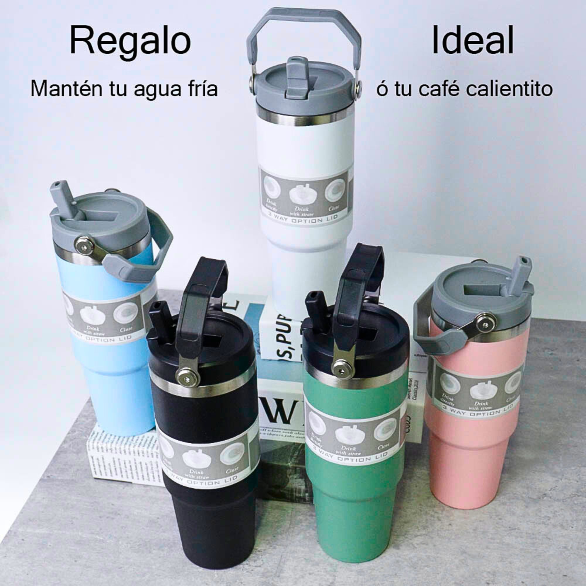 Foto 3 pulgar | Termo De Acero Inoxidable En Color Verde Mate Con Tapa Antiderrames, Popote, Agarradera