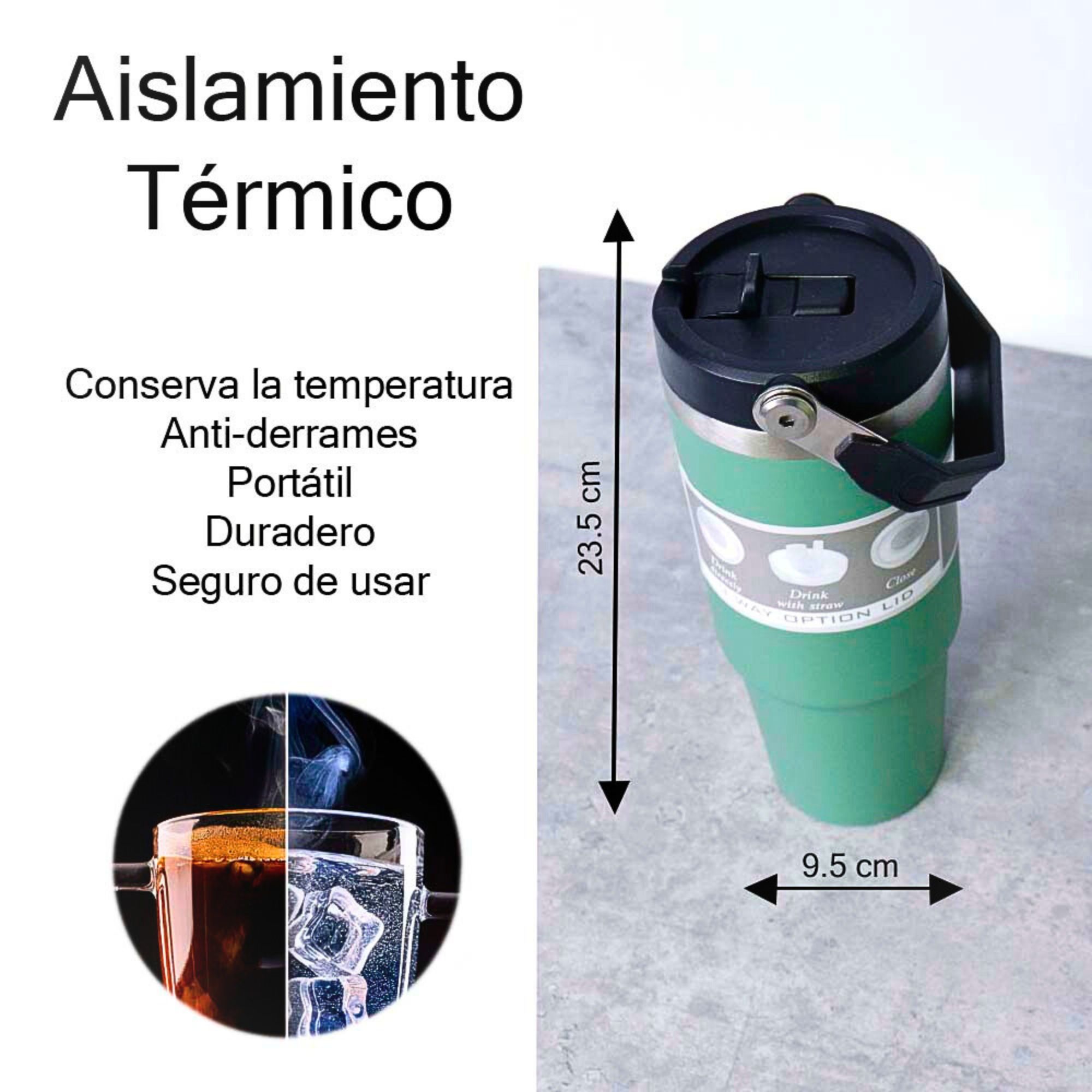 Foto 5 pulgar | Termo De Acero Inoxidable En Color Verde Mate Con Tapa Antiderrames, Popote, Agarradera