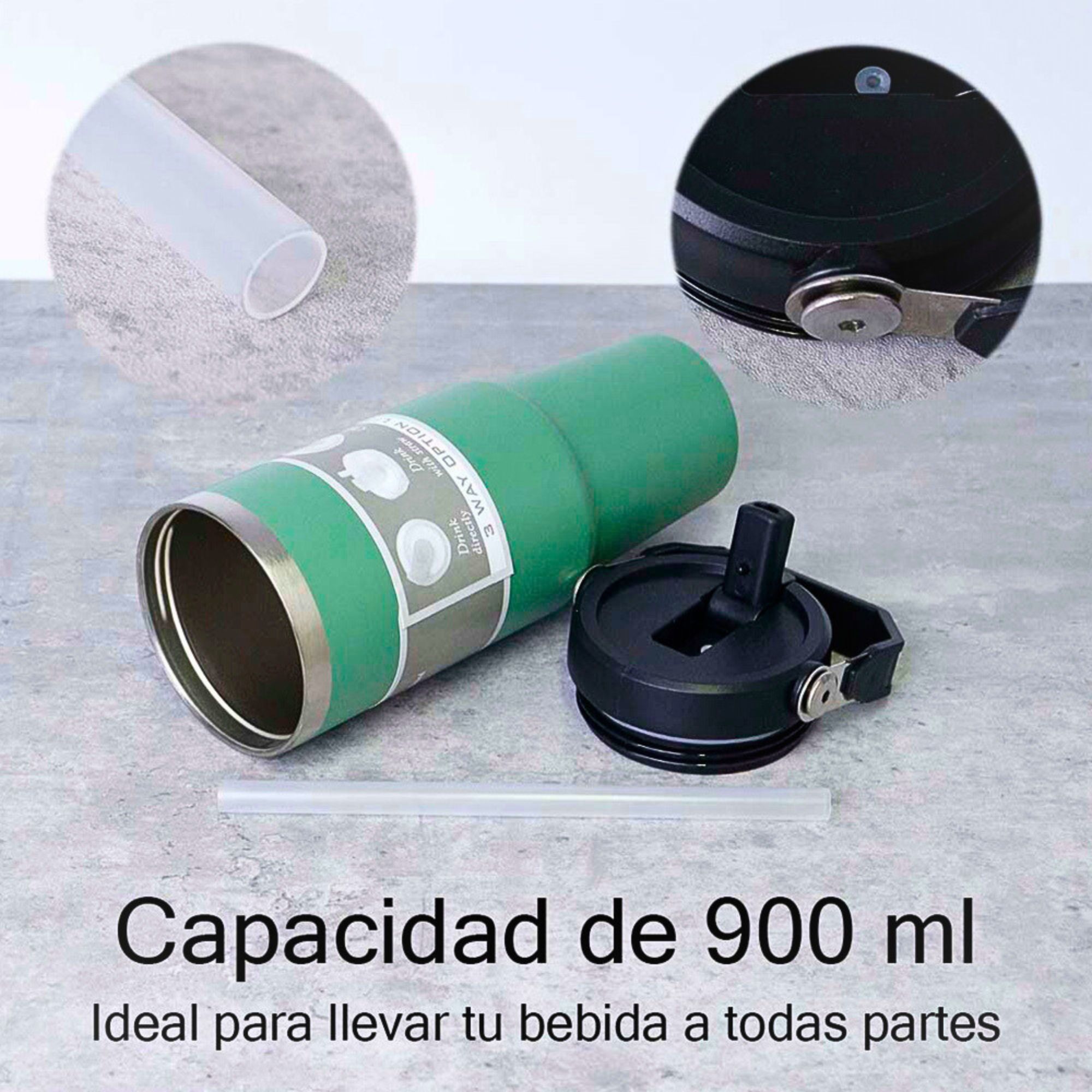 Foto 7 pulgar | Termo De Acero Inoxidable En Color Verde Mate Con Tapa Antiderrames, Popote, Agarradera