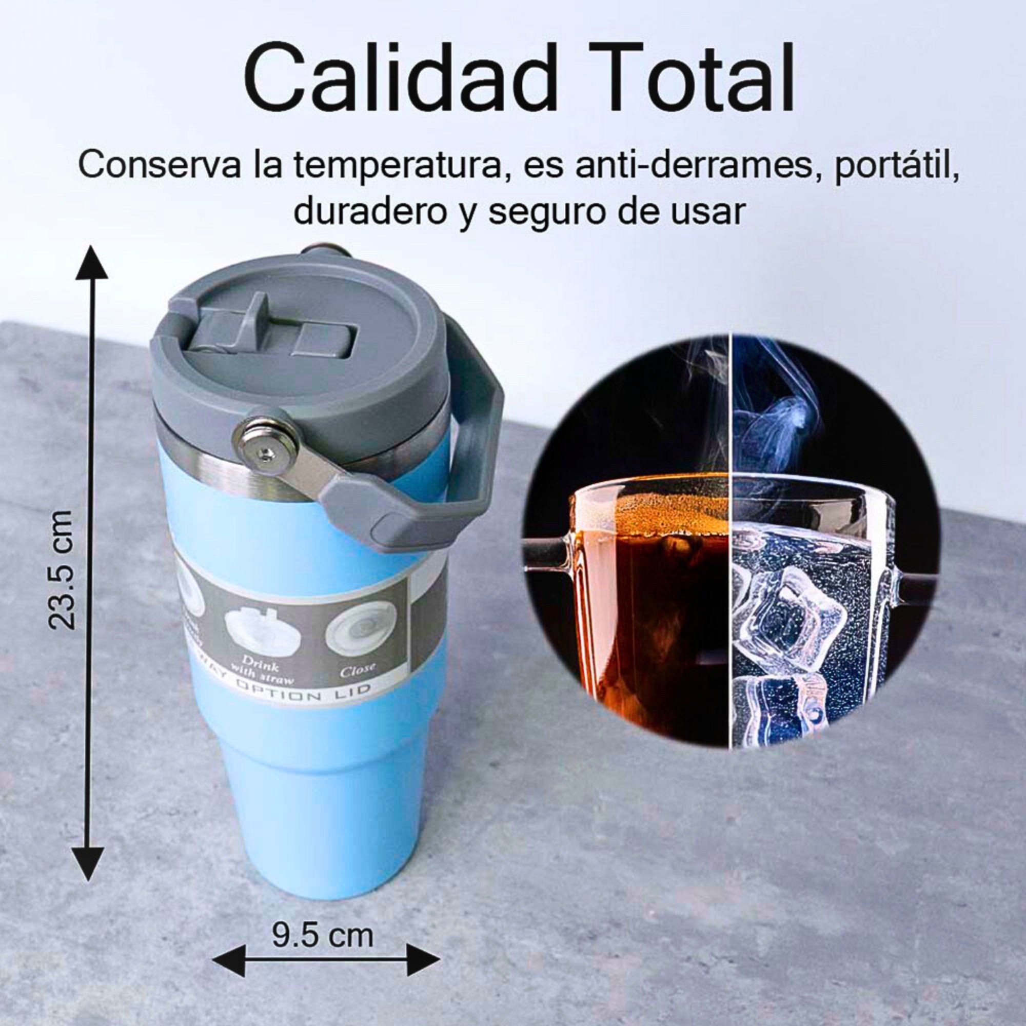 Foto 4 pulgar | Termo De Acero Inoxidable En Color Azul Cielo Mate Con Tapa Antiderrames, Popote, Agarradera