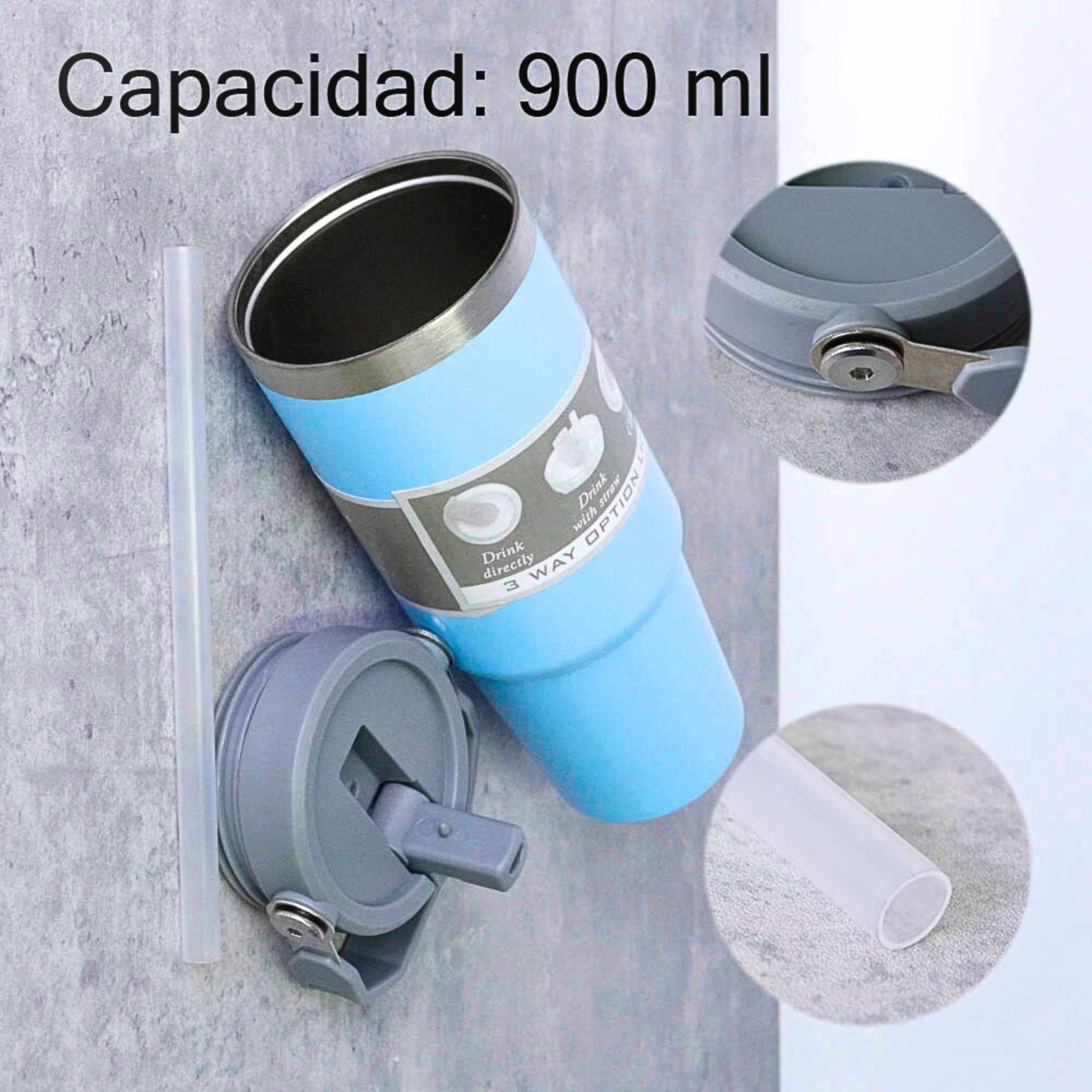 Foto 5 | Termo De Acero Inoxidable En Color Azul Cielo Mate Con Tapa Antiderrames, Popote, Agarradera