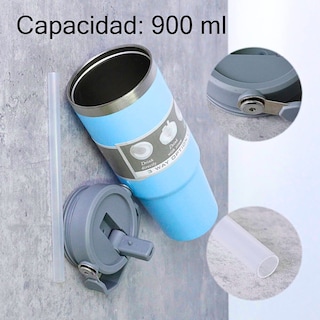 Foto 5 | Termo De Acero Inoxidable En Color Azul Cielo Mate Con Tapa Antiderrames, Popote, Agarradera