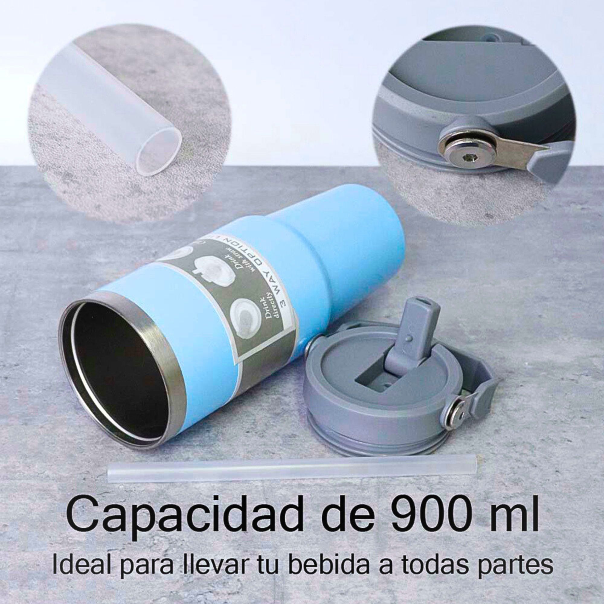 Foto 7 pulgar | Termo De Acero Inoxidable En Color Azul Cielo Mate Con Tapa Antiderrames, Popote, Agarradera
