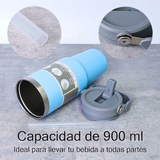 Foto 6 | Termo De Acero Inoxidable En Color Azul Cielo Mate Con Tapa Antiderrames, Popote, Agarradera