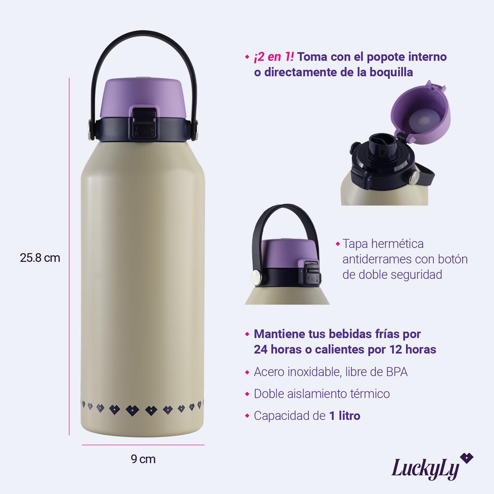 Foto 7 | Termo Luckyly Liza Morado Lila O Beige De Acero Inoxidable Doble Aislamiento Térmico De 1 Litro Tapa Hermética Con Po