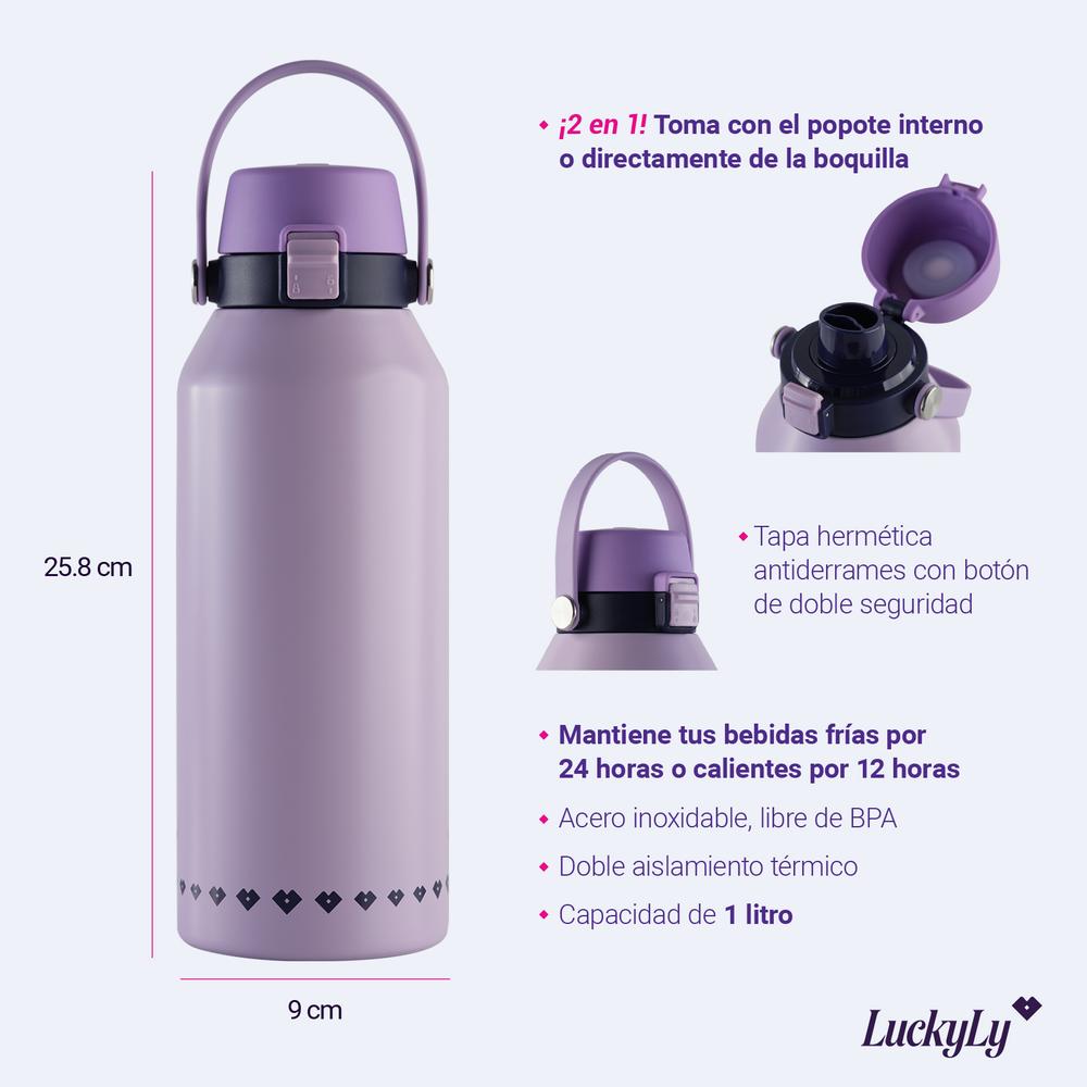 Foto 6 | Termo Luckyly Liza Morado Lila O Beige De Acero Inoxidable Doble Aislamiento Térmico De 1 Litro Tapa Hermética Con Po