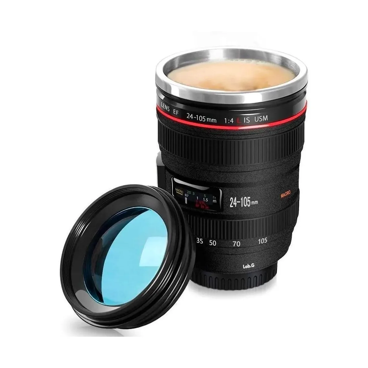 Termo Taza Vaso Forma Lente Fotográfico Acero Inox Con Tapa Lab.g Negro