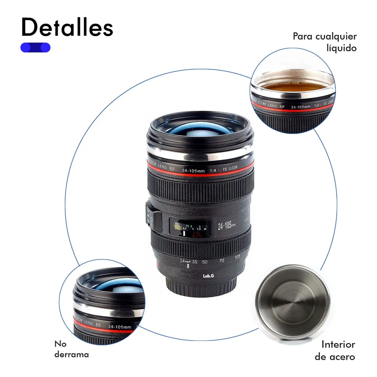 Foto 4 pulgar | Termo Taza Vaso Forma Lente Fotográfico Acero Inox Con Tapa Lab.g Negro
