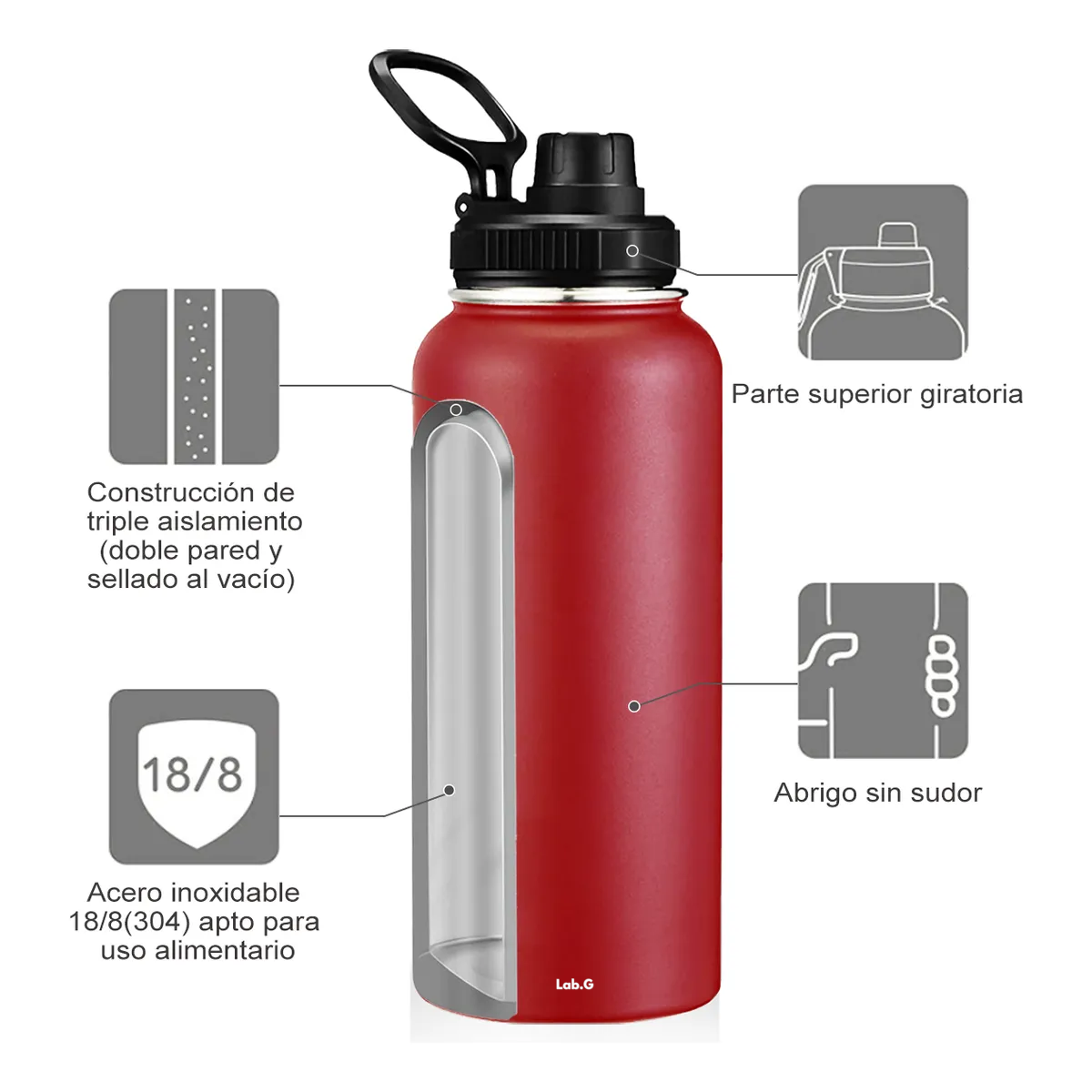 Foto 3 pulgar | Termo Vaso-botella Acero Inoxidablecon Fría/caliente 40 Oz Lab.g Rojo
