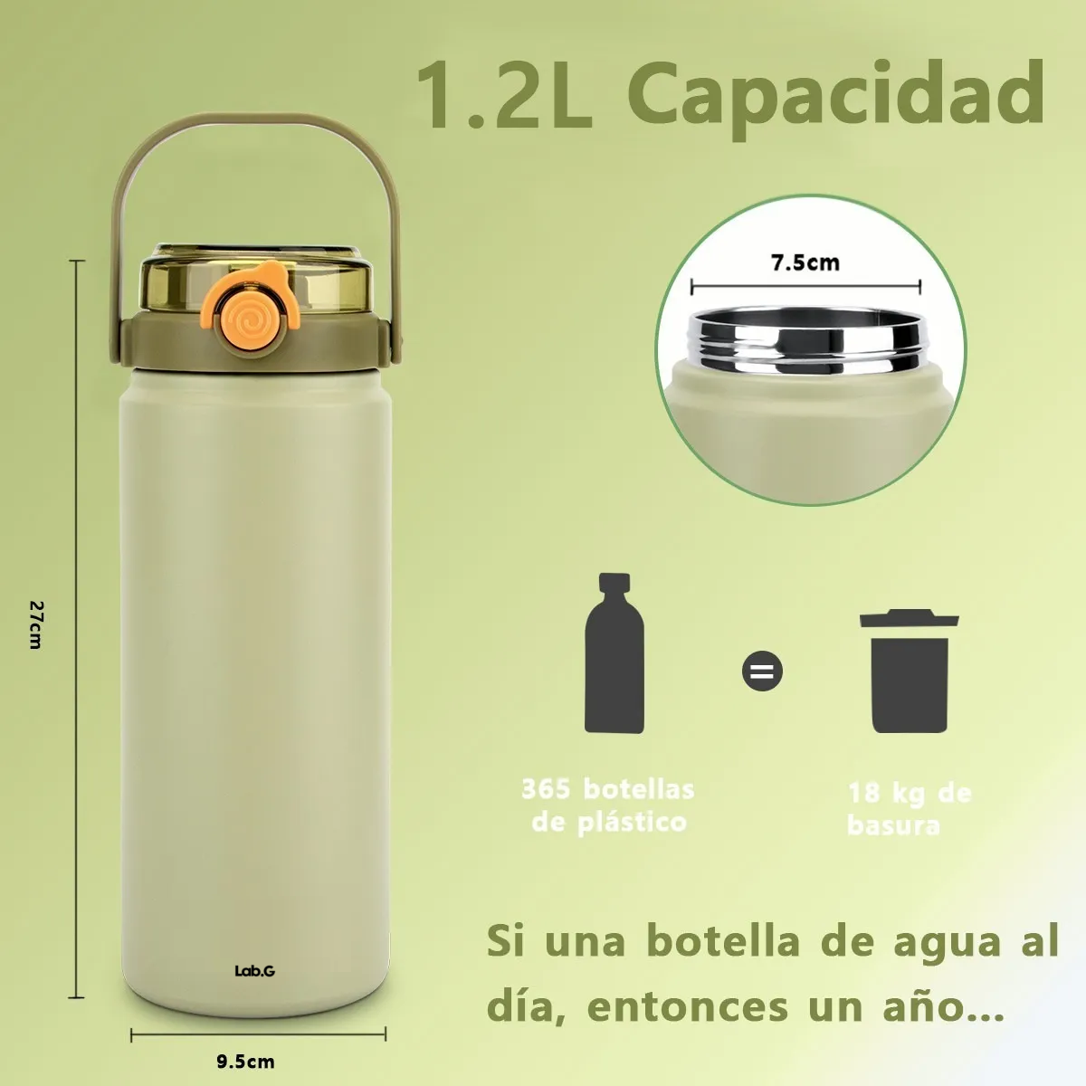 Foto 5 | Termo Acero Inoxidable Botella De Agua Portátil 1200ml  Lab.g  Verde