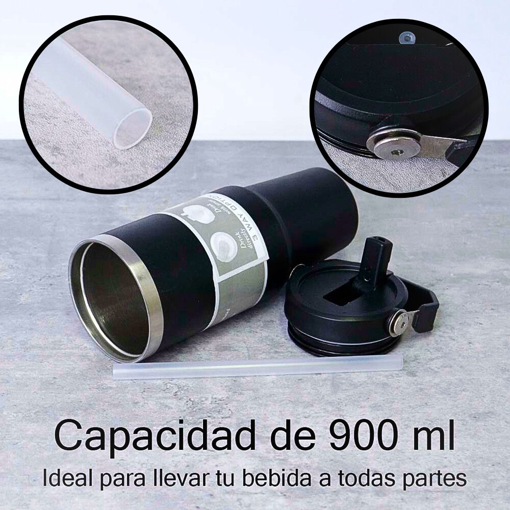 Foto 3 pulgar | Termo De Acero Inoxidable En Color Azul Cielo Mate Con Tapa Antiderrames  Popote  Agarradera Negro
