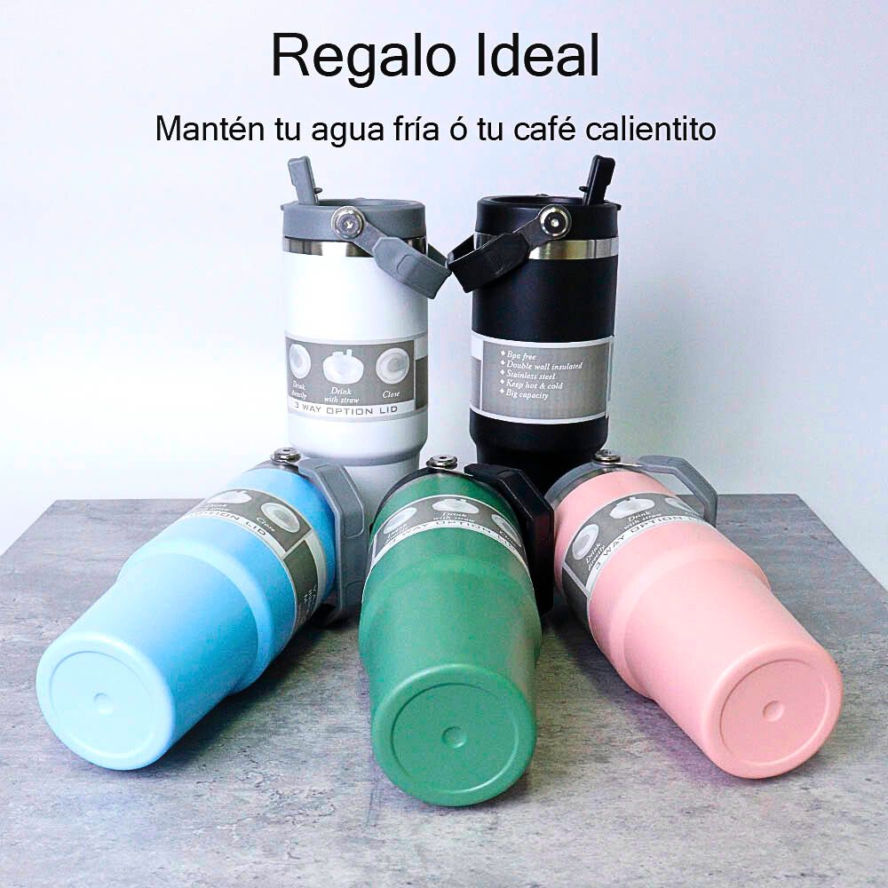 Foto 4 pulgar | Termo De Acero Inoxidable En Color Azul Cielo Mate Con Tapa Antiderrames  Popote  Agarradera Negro