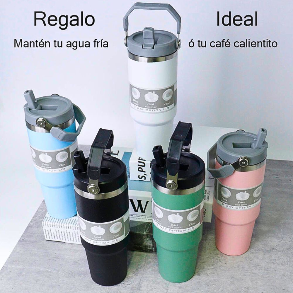 Foto 7 pulgar | Termo De Acero Inoxidable En Color Azul Cielo Mate Con Tapa Antiderrames  Popote  Agarradera Negro