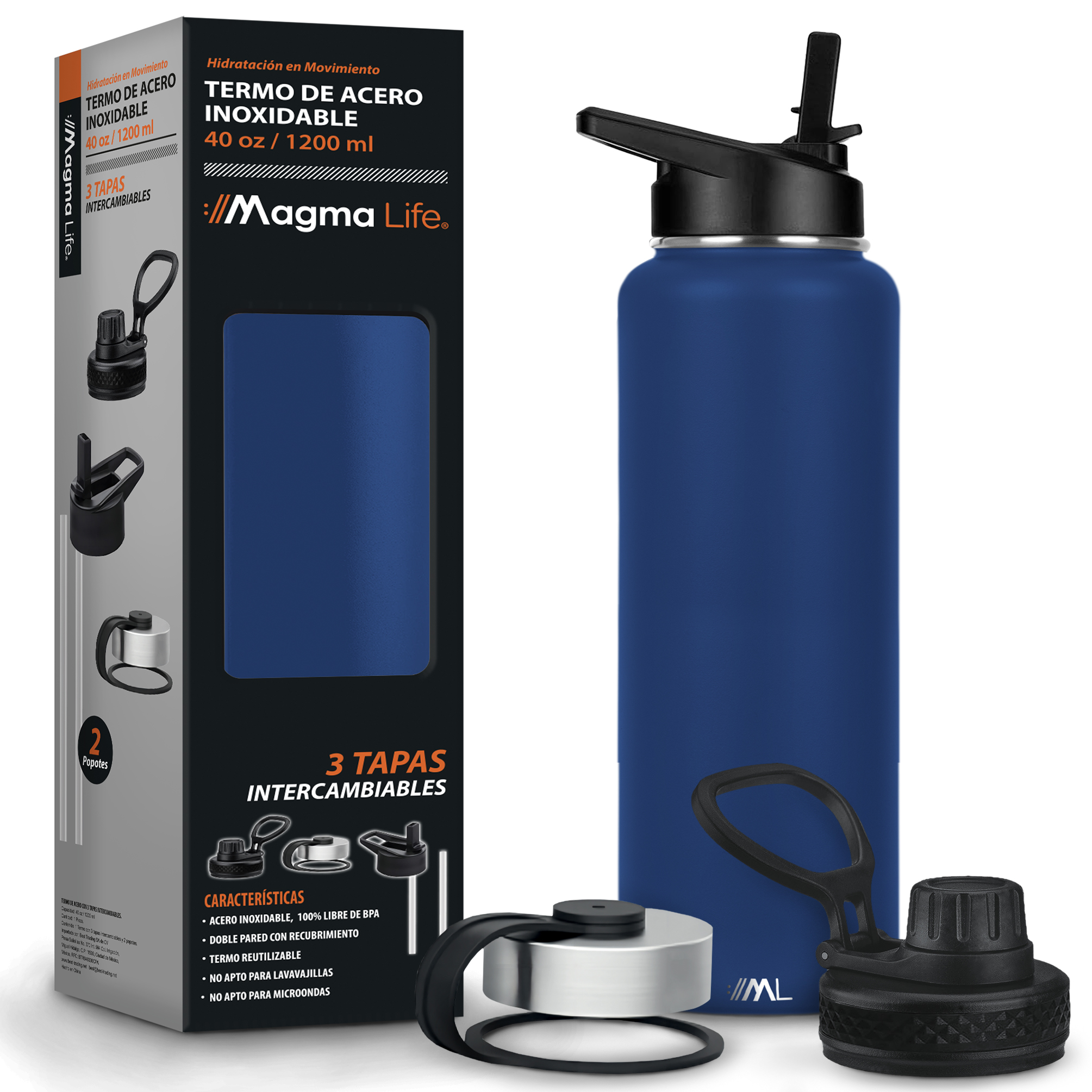Foto 2 pulgar | Magma Life Termo Para Café Y Agua 40 Oz  Acero Inoxidable Con 3 Tapas  Azul Navy
