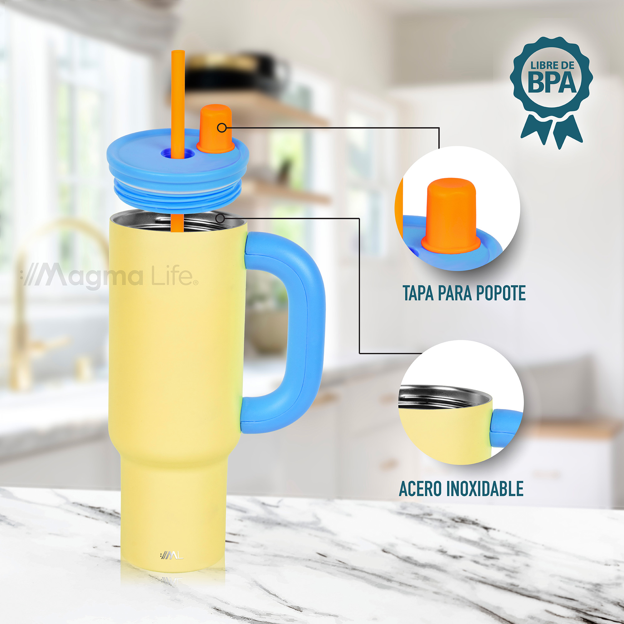 Foto 6 pulgar | Magma Life Termo Flip 40 Oz De Acero Inoxidable  Doble Pared  Antiderrame  Amarillo