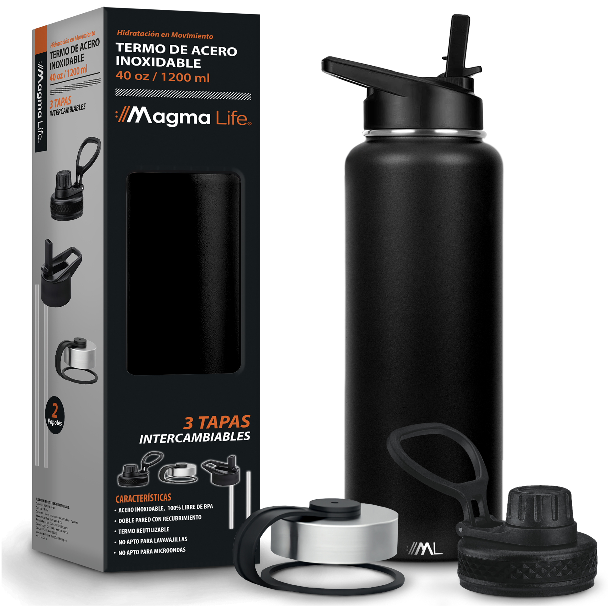 Magma Life Termo 40oz Negro Acero Inoxidable Con 3 Tapas  Ideal Para Café Y Agua  Conserva Temperatura