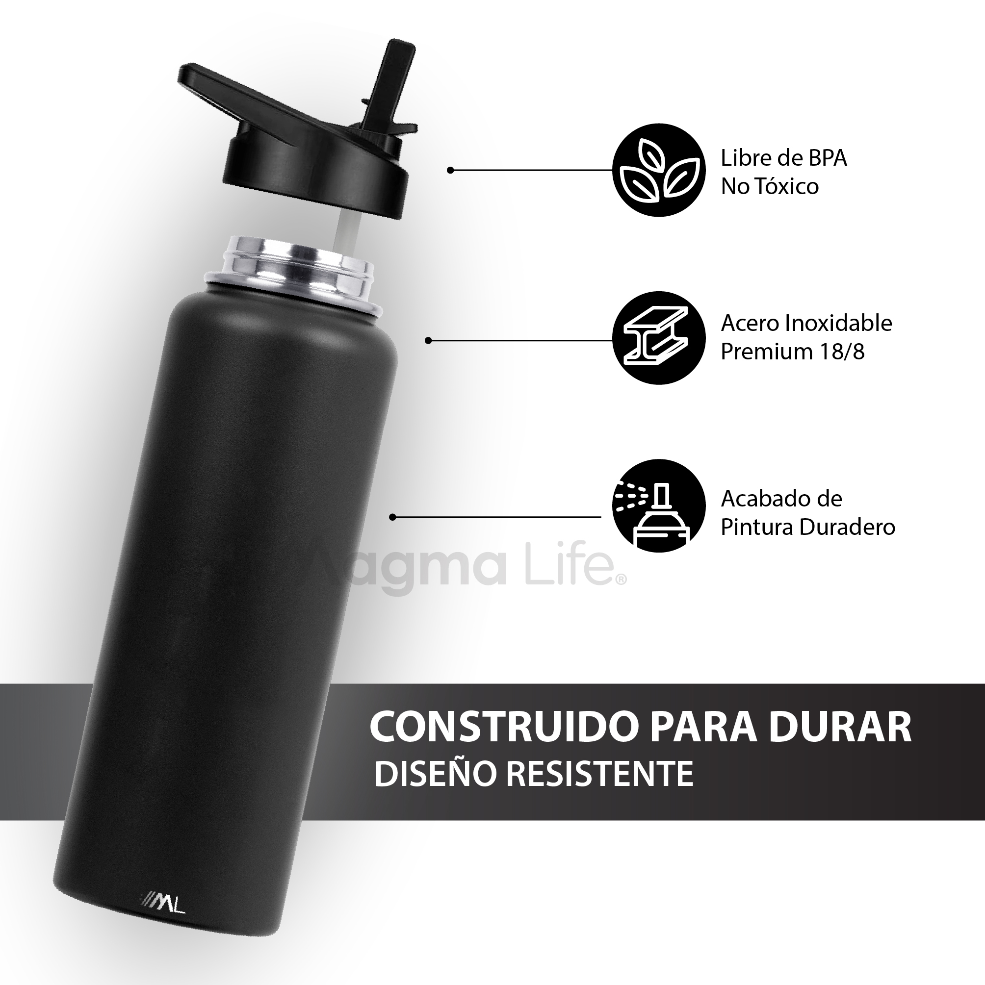 Foto 5 pulgar | Magma Life Termo 40oz Negro Acero Inoxidable Con 3 Tapas  Ideal Para Café Y Agua  Conserva Temperatura