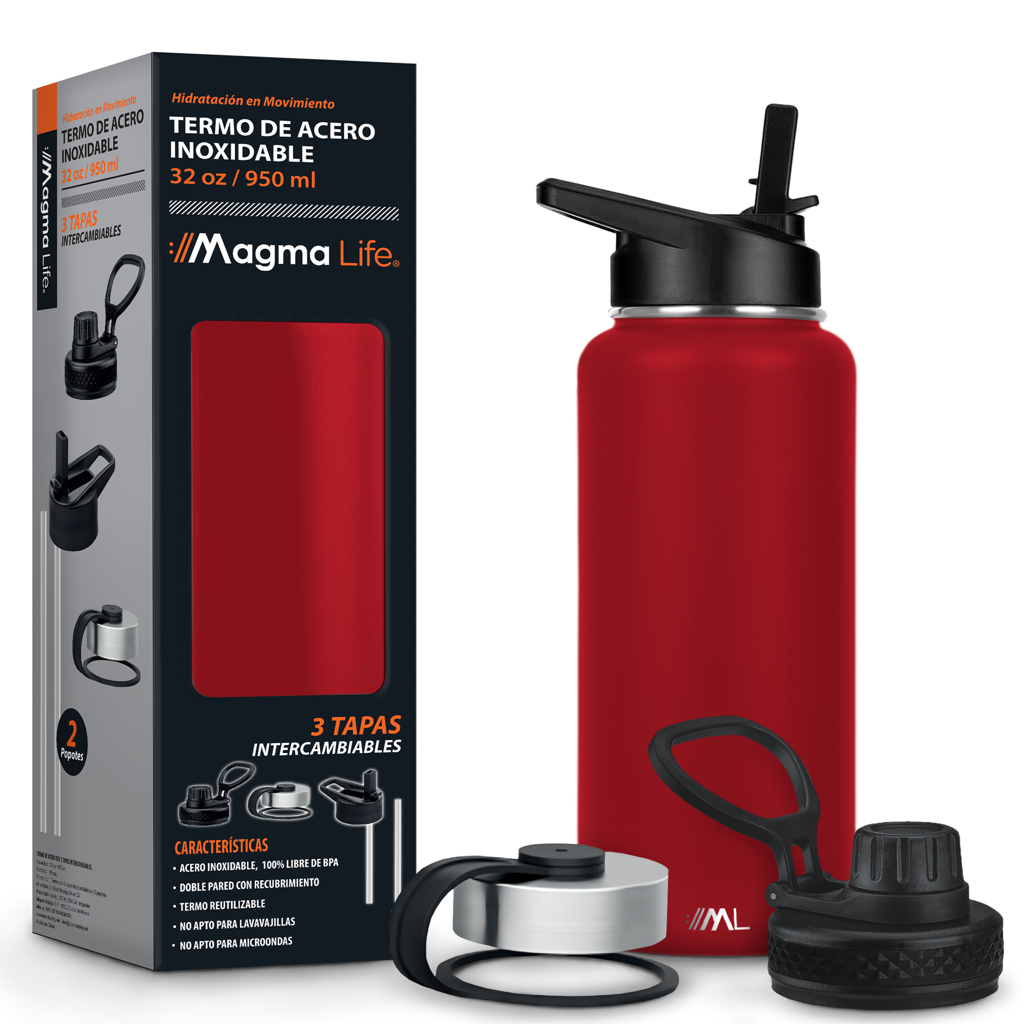 Magmalife Termo 32oz Rojo Acero Inoxidable  3 Tapas Incluidas  Mantiene Bebidas Calientes 12h Y Frías 24h