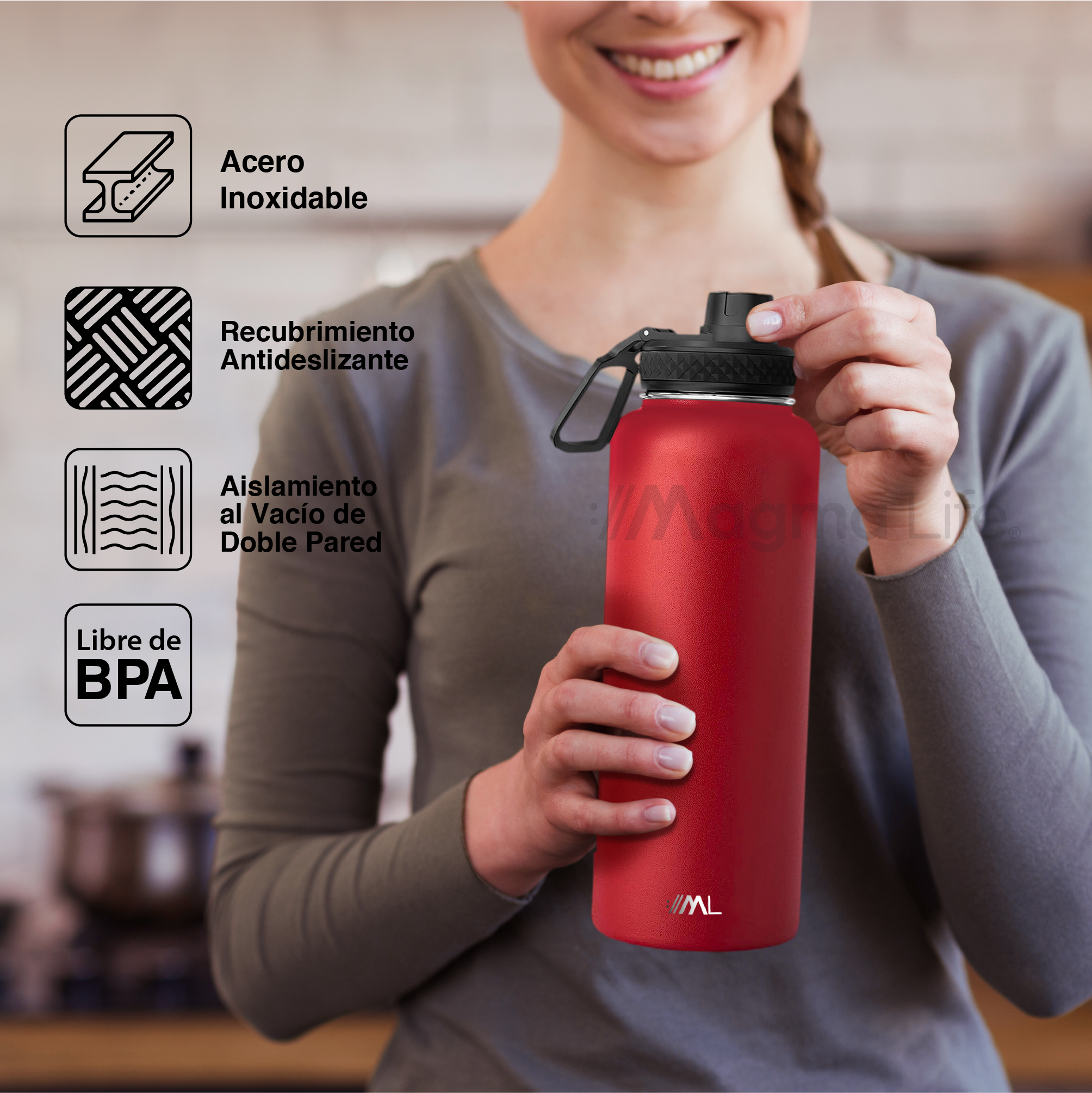 Foto 3 pulgar | Magmalife Termo 32oz Rojo Acero Inoxidable  3 Tapas Incluidas  Mantiene Bebidas Calientes 12h Y Frías 24h
