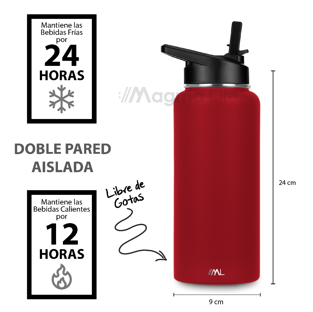 Foto 4 pulgar | Magmalife Termo 32oz Rojo Acero Inoxidable  3 Tapas Incluidas  Mantiene Bebidas Calientes 12h Y Frías 24h