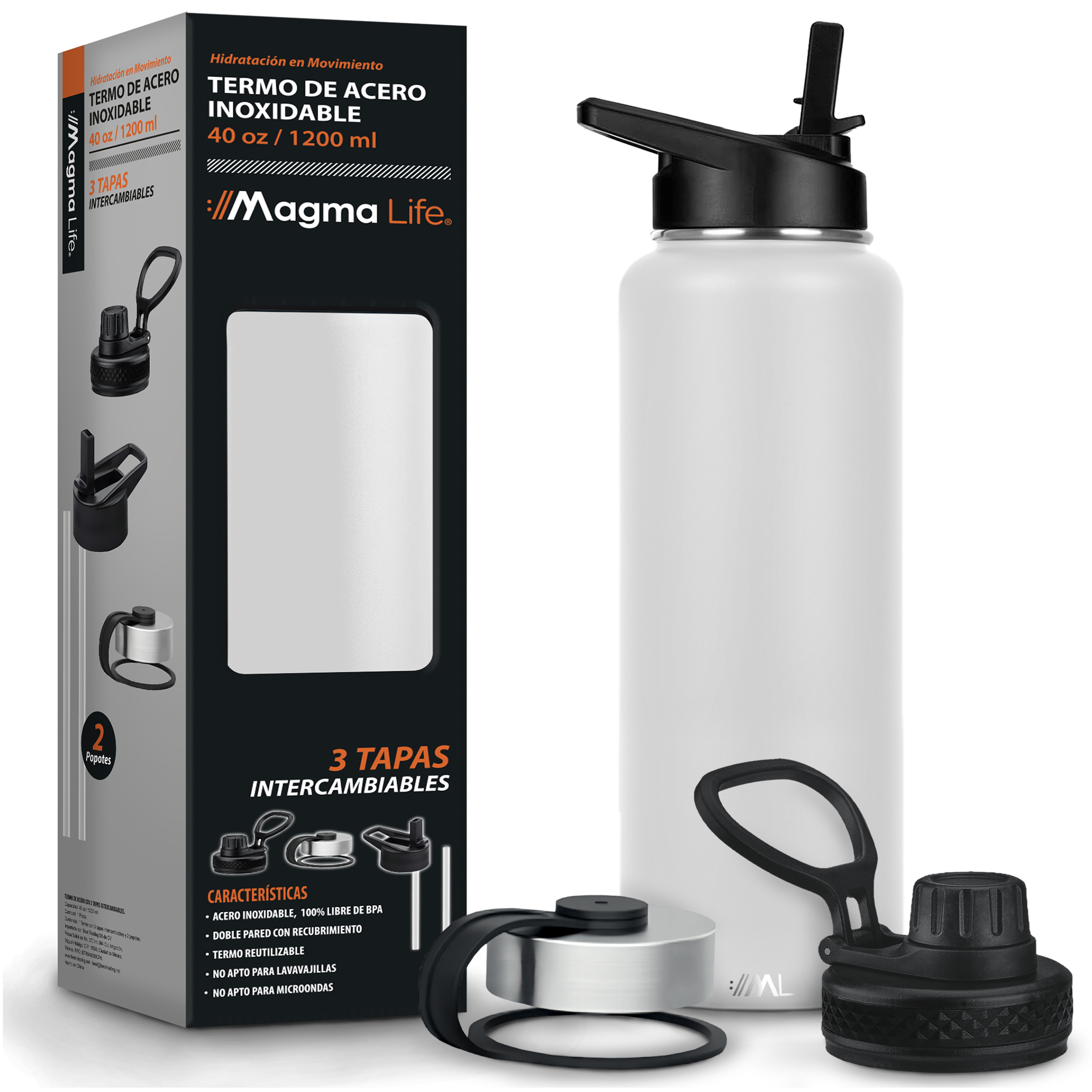 Magma Life Termo 40oz Blanco De Acero Inoxidable Con 3 Tapas  Conserva Bebidas Calientes Y Frías