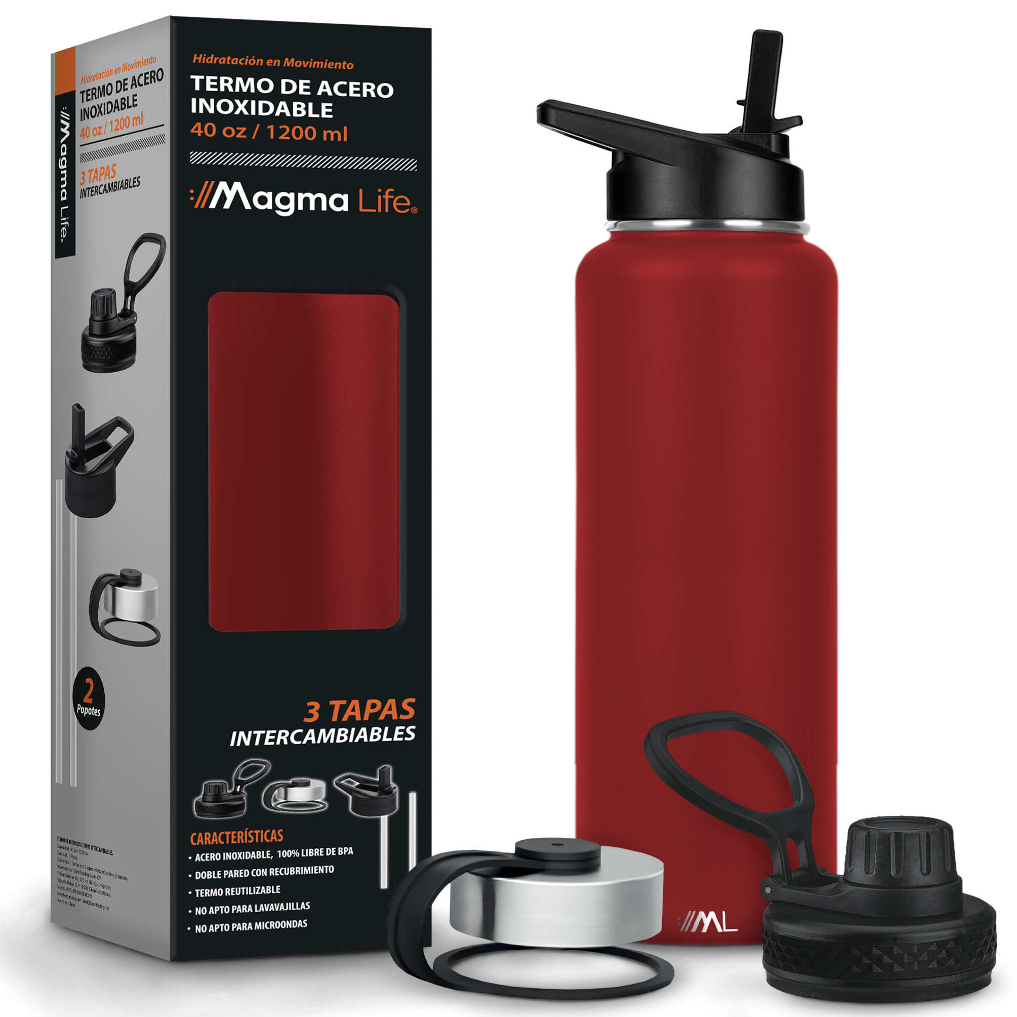 Magma Life Termo 40oz Fire Red Acero Inoxidable Con 3 Tapas  Para Café Y Agua  Conserva Temperatura