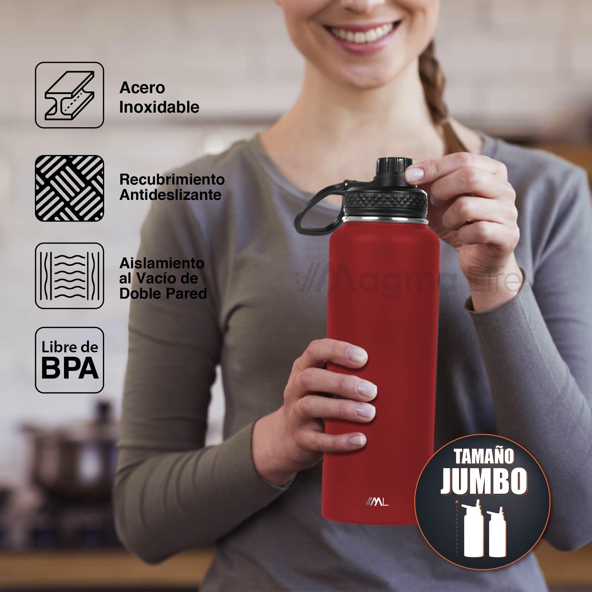 Foto 4 pulgar | Magma Life Termo 40oz Fire Red Acero Inoxidable Con 3 Tapas  Para Café Y Agua  Conserva Temperatura