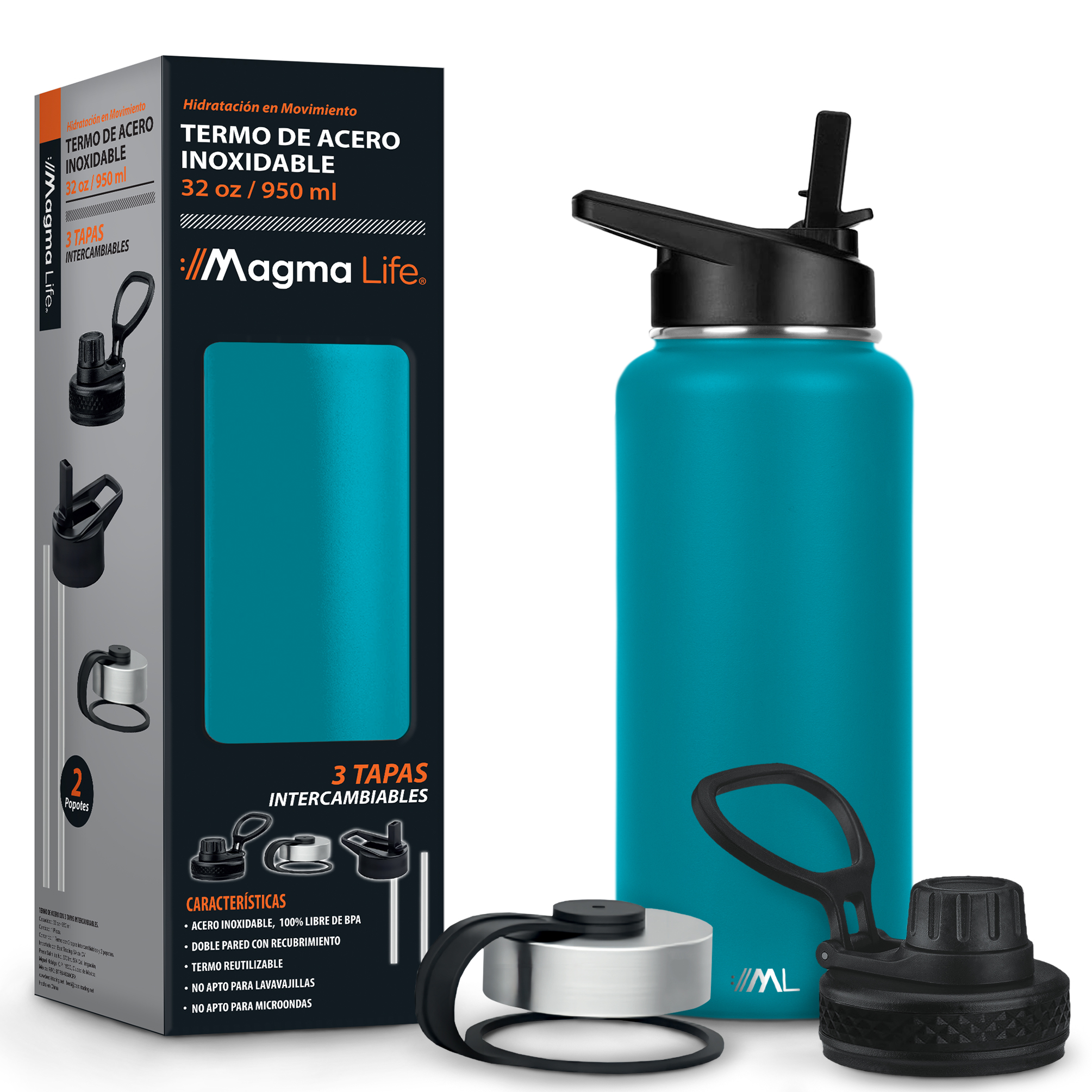 Magma Life Termo 32oz Capri Blue Acero Inoxidable Con 3 Tapas  Para Café Y Agua  Conserva Temperatura