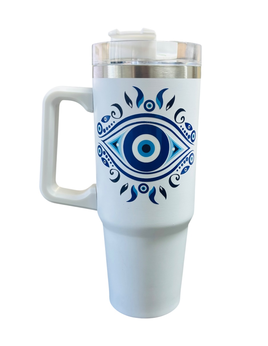 Termo De Acero Inoxidable Color Blanco  Ojo Turco 30 Oz
