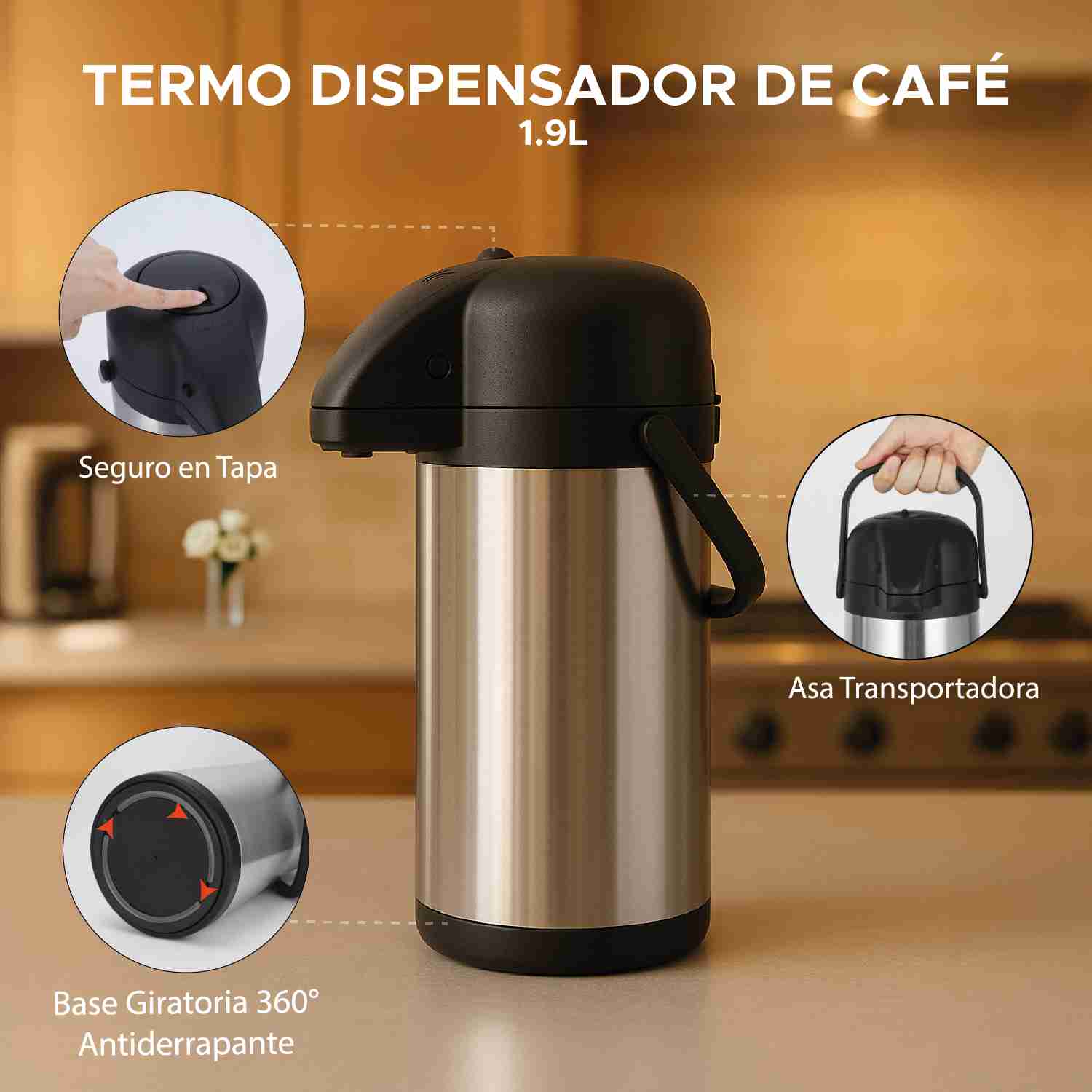 Foto 3 pulgar | Termo Dispensador Térmico Dolcetti 1.9l De Acero Inoxidable Con Asa Y Botón
