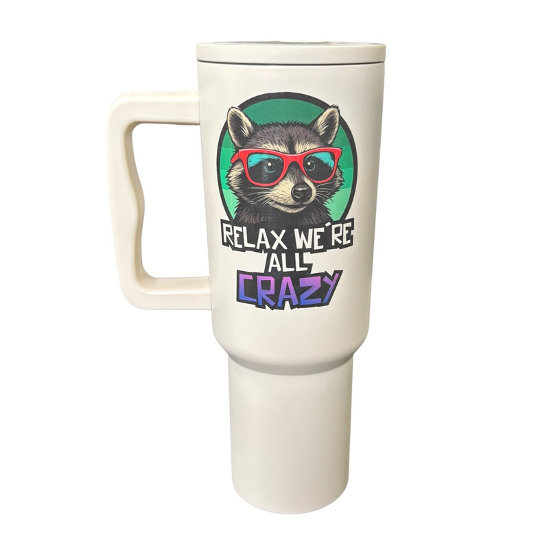 Termo De Acero Inoxidable Color Blanco Mate  Mapache  De 1.2 Litros Con Agarradera De Silicona