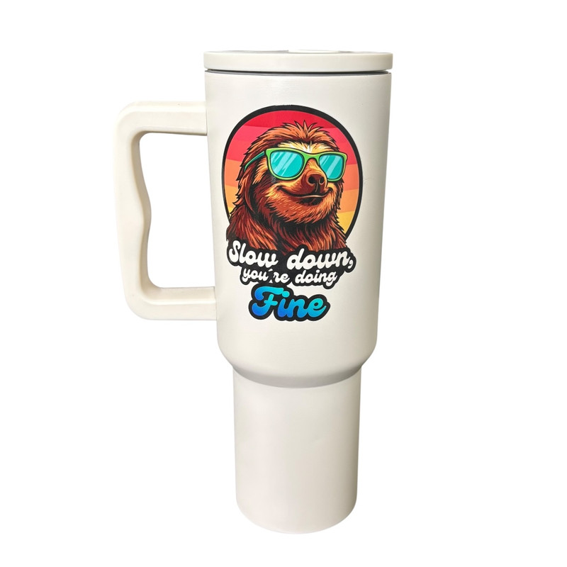 Termo De Acero Inoxidable Color Blanco Mate  Perezoso  De 1.2 Litros Con Agarradera De Silicona