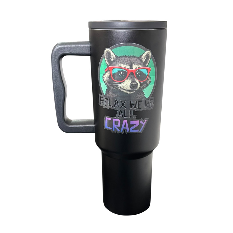 Termo De Acero Inoxidable Color Negro  Mapache  De 1.2 Litros Con Agarradera De Silicona.