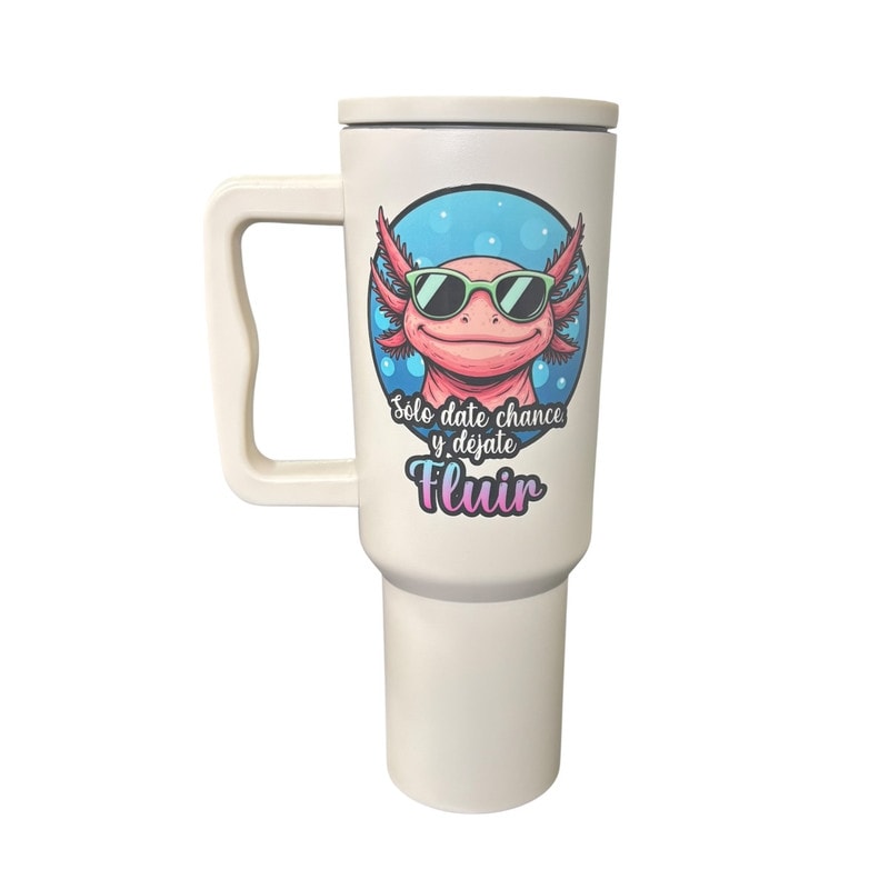 Termo De Acero Inoxidable Color Blanco Mate  Ajolote  De 1.2 Litros Con Agarradera De Silicona Imagen. $749