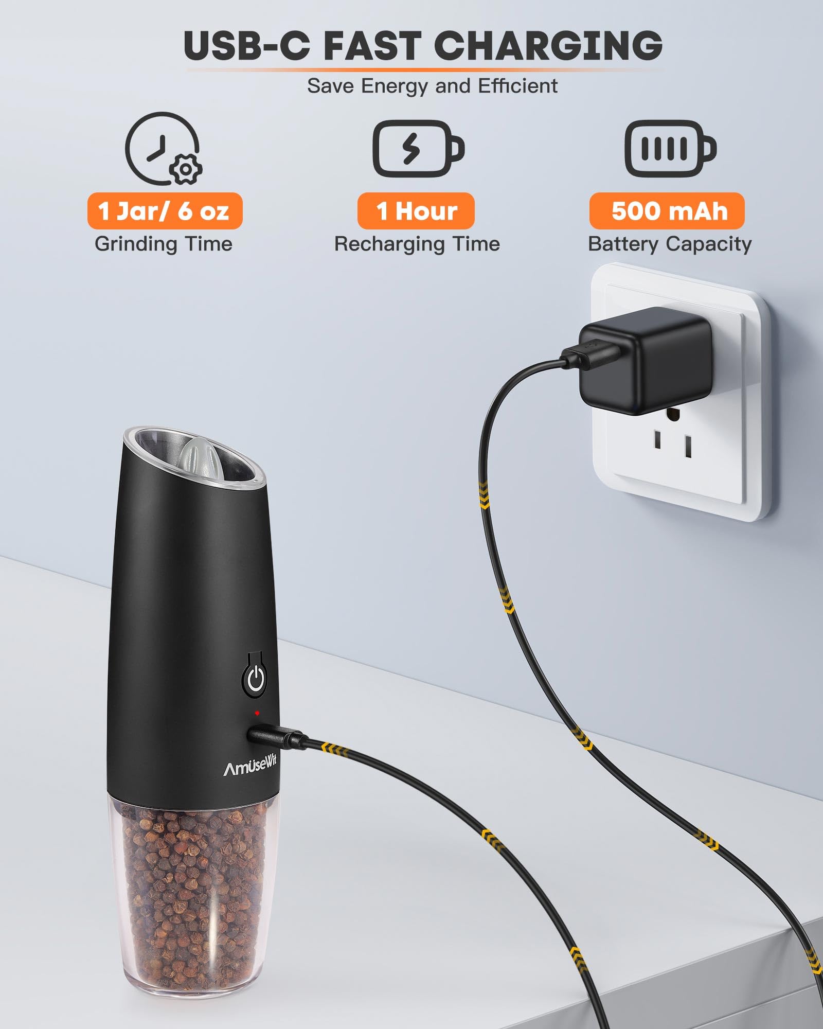 Foto 3 pulgar | Set De Molinillos Eléctricos De Sal Y Pimienta Amusewit, Recargable Por Usb - Venta Internacional.