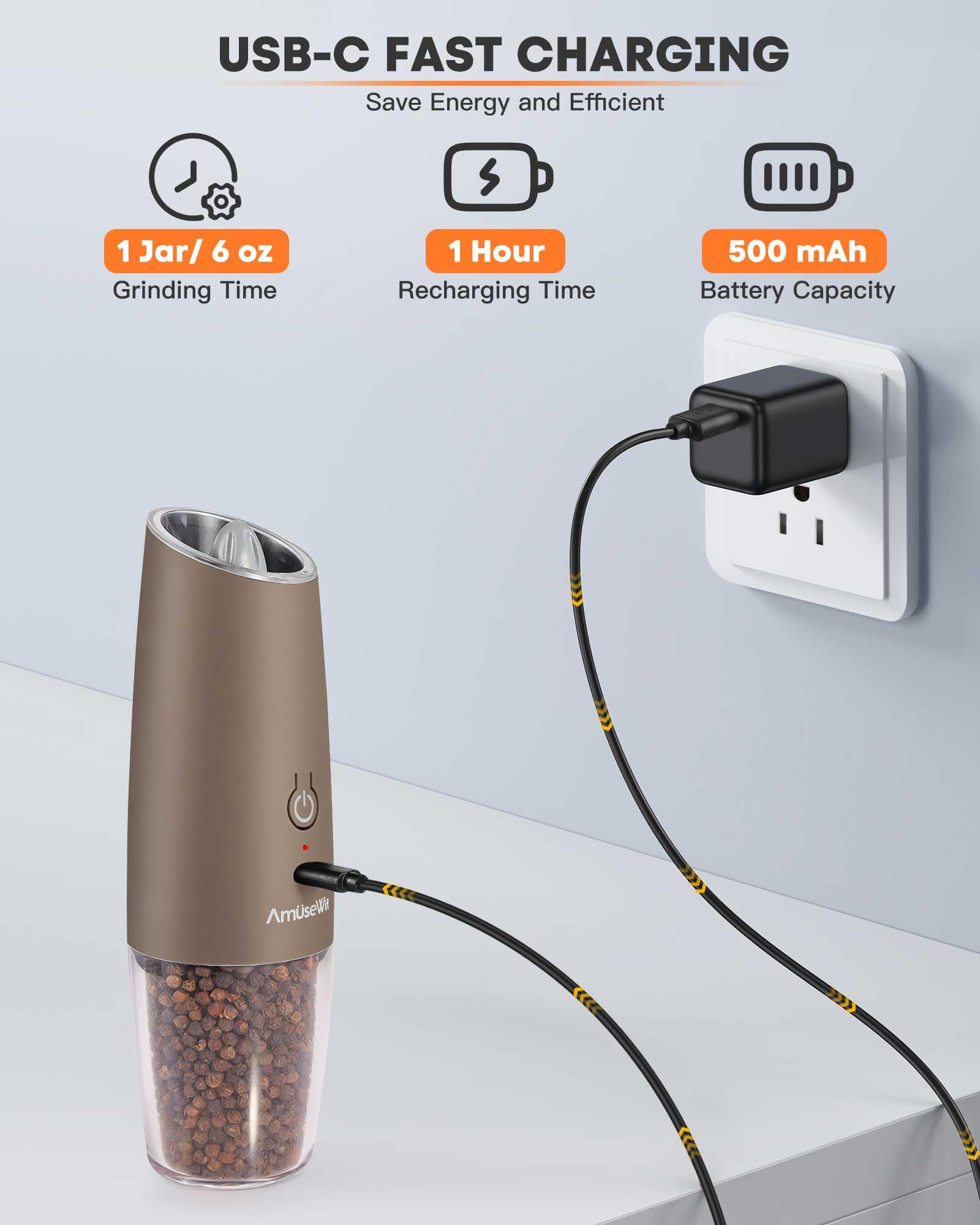 Foto 3 pulgar | Set De Molinillos Eléctricos De Sal Y Pimienta Amusewit, Recargable Por Usb - Venta Internacional.