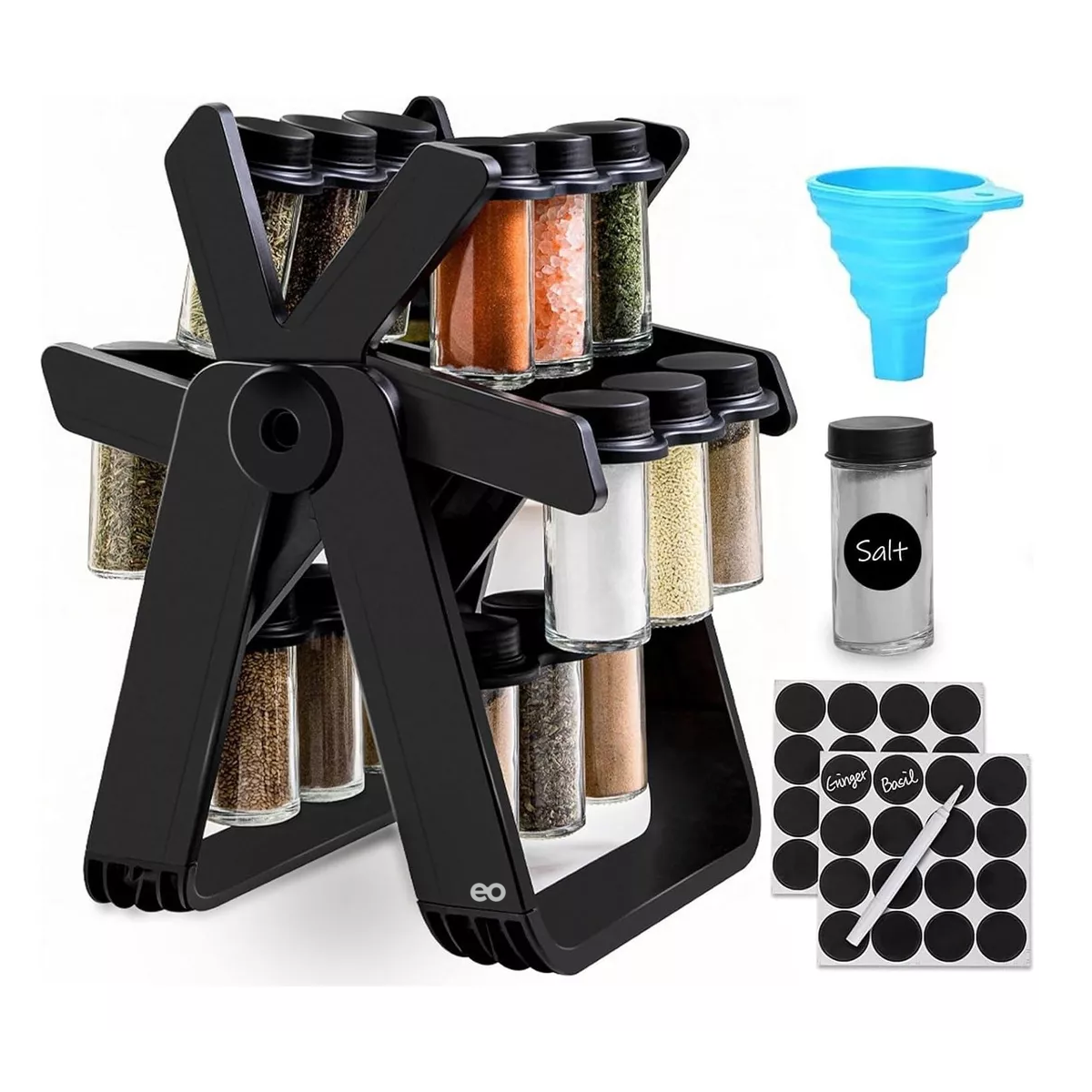 Especiero Giratorio 360º Juego 18 Botes Cristal + Embudo Eo Safe Imports Esi-17611-1 Negro