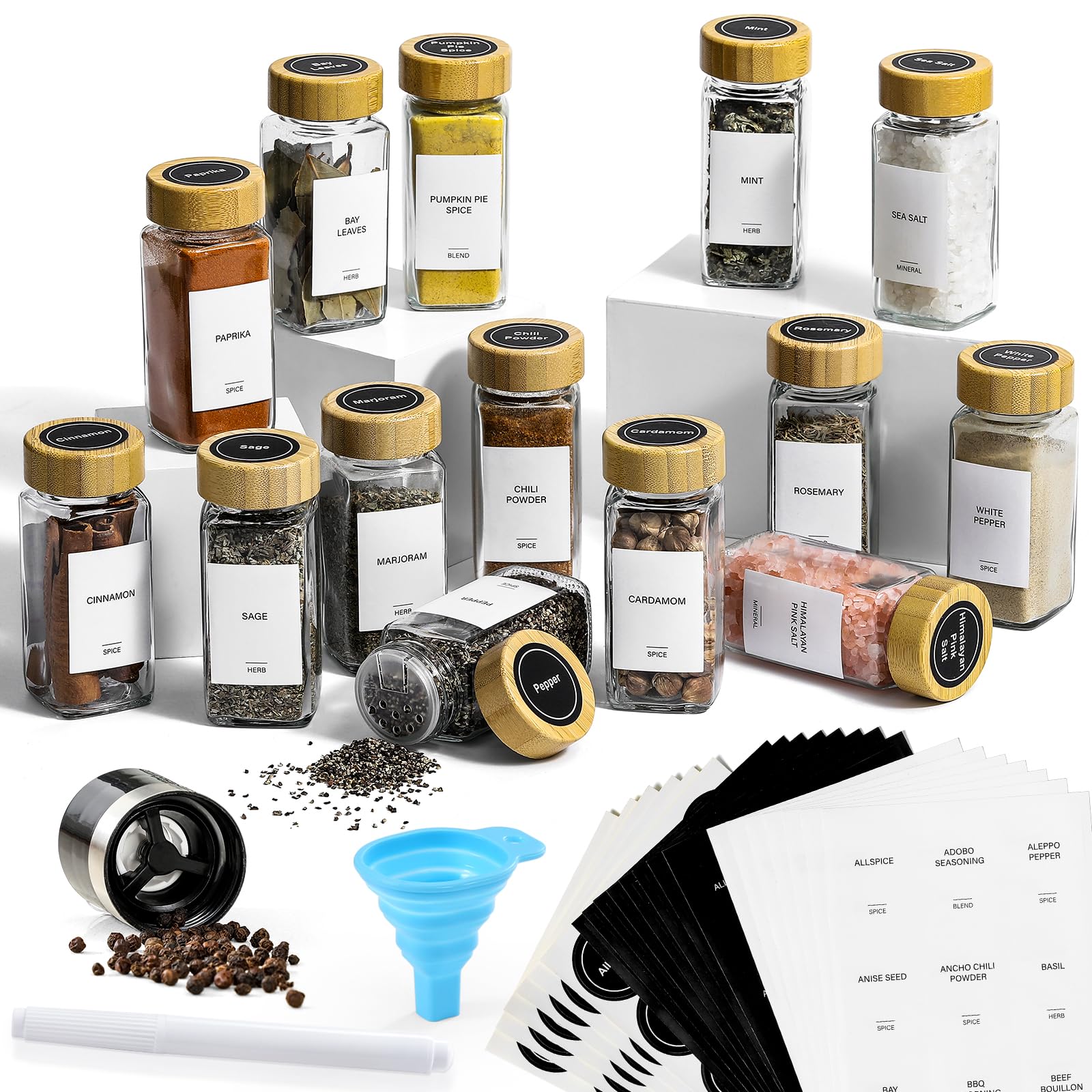 Foto 2 | Jarros Para Especias Aozita  14 Unidades  Vidrio Cuadrado Con Tapas De Bambú  120 Ml - Venta Internacional.